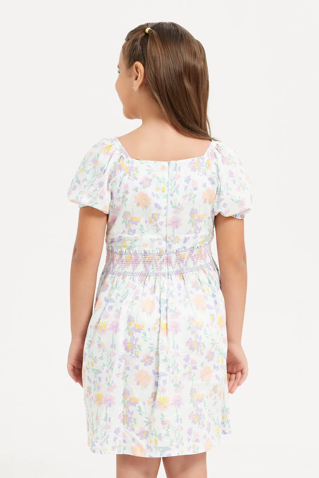 Girls Multicolour Floral Print Smocking Dress