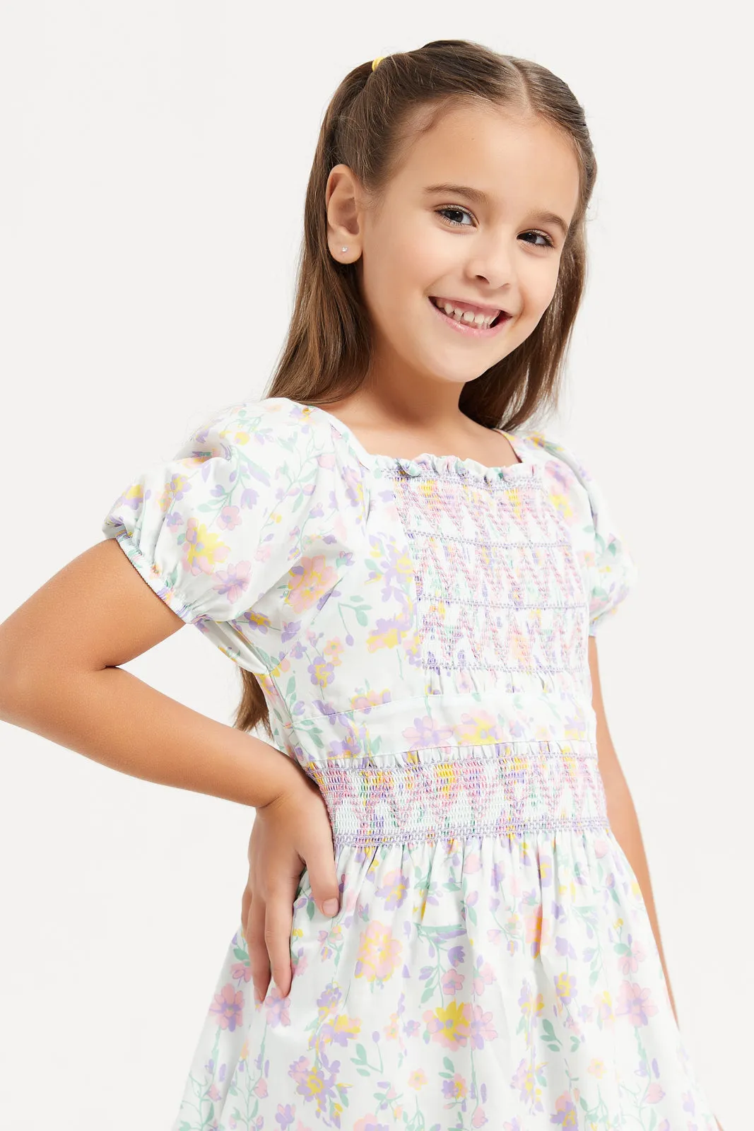 Girls Multicolour Floral Print Smocking Dress