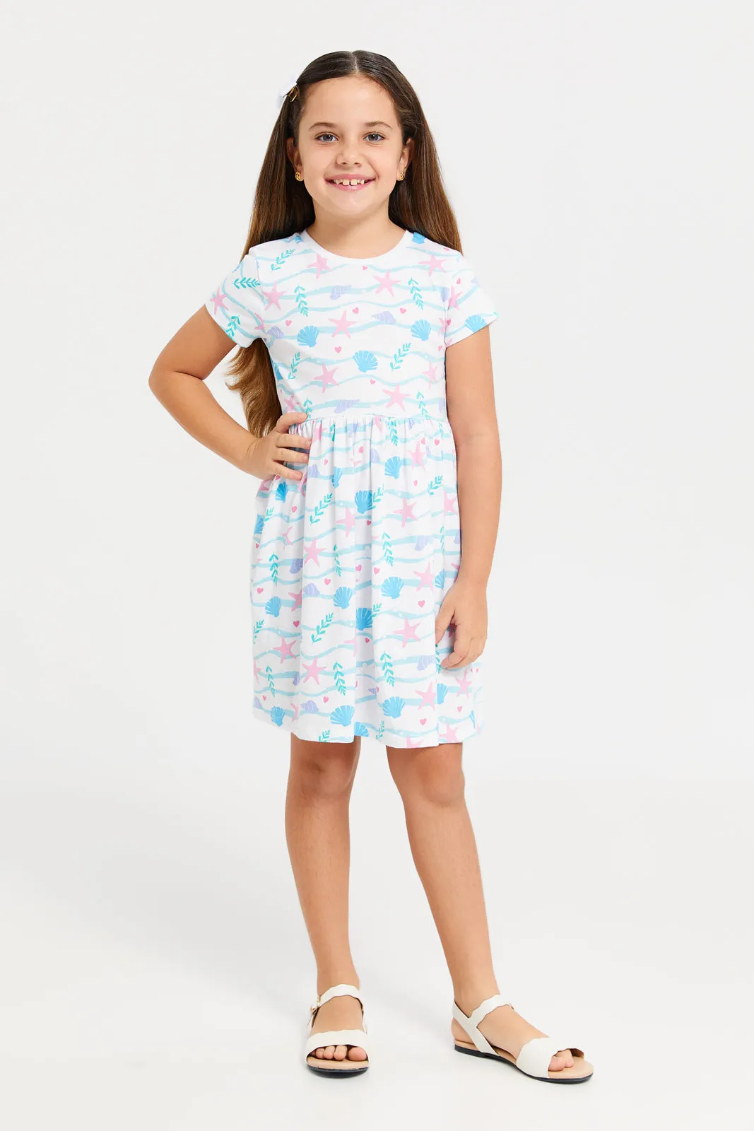 Girls Multicolour Printed Short Sleeve Single Jersey Dress