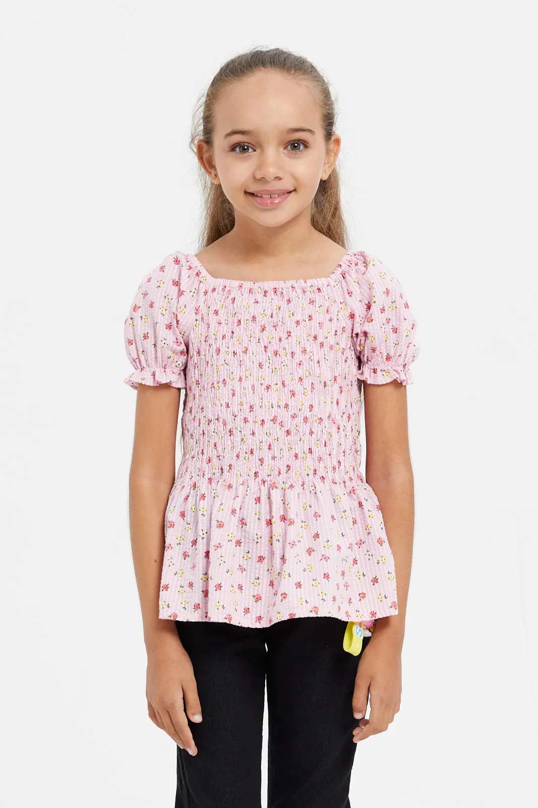 Girls Pink Printed Puff Short Blouse