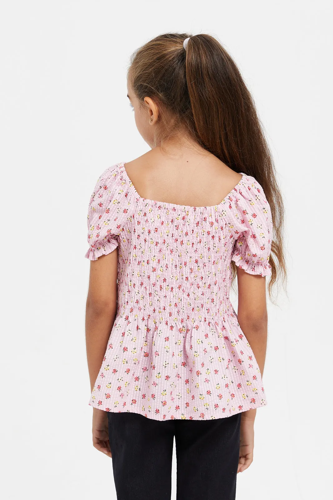 Girls Pink Printed Puff Short Blouse