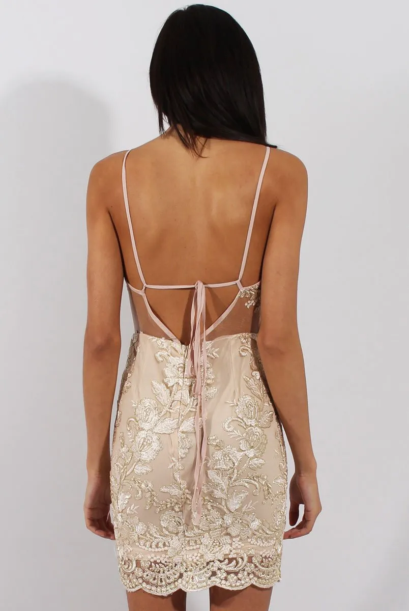 Gold Mesh Floral Embroidered Strappy Backless Dress - Mia