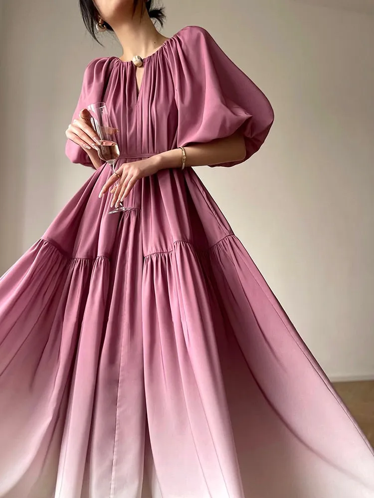 Gradient Pleated V-Neck Puff Sleeve Midi Dress