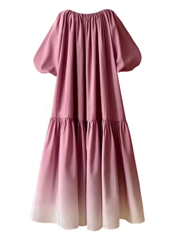 Gradient Pleated V-Neck Puff Sleeve Midi Dress