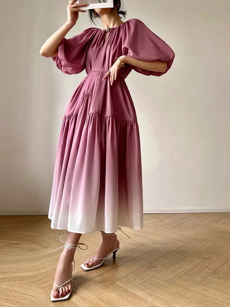 Gradient Pleated V-Neck Puff Sleeve Midi Dress