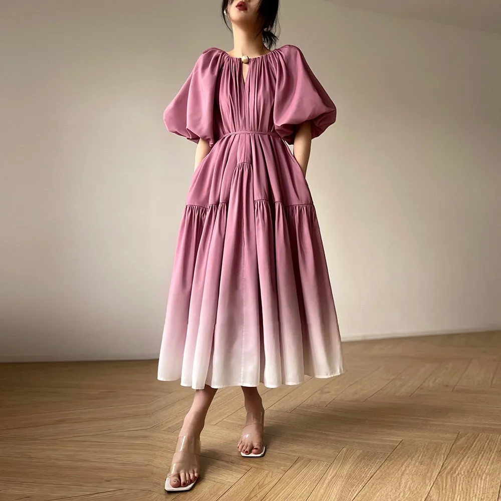 Gradient Pleated V-Neck Puff Sleeve Midi Dress