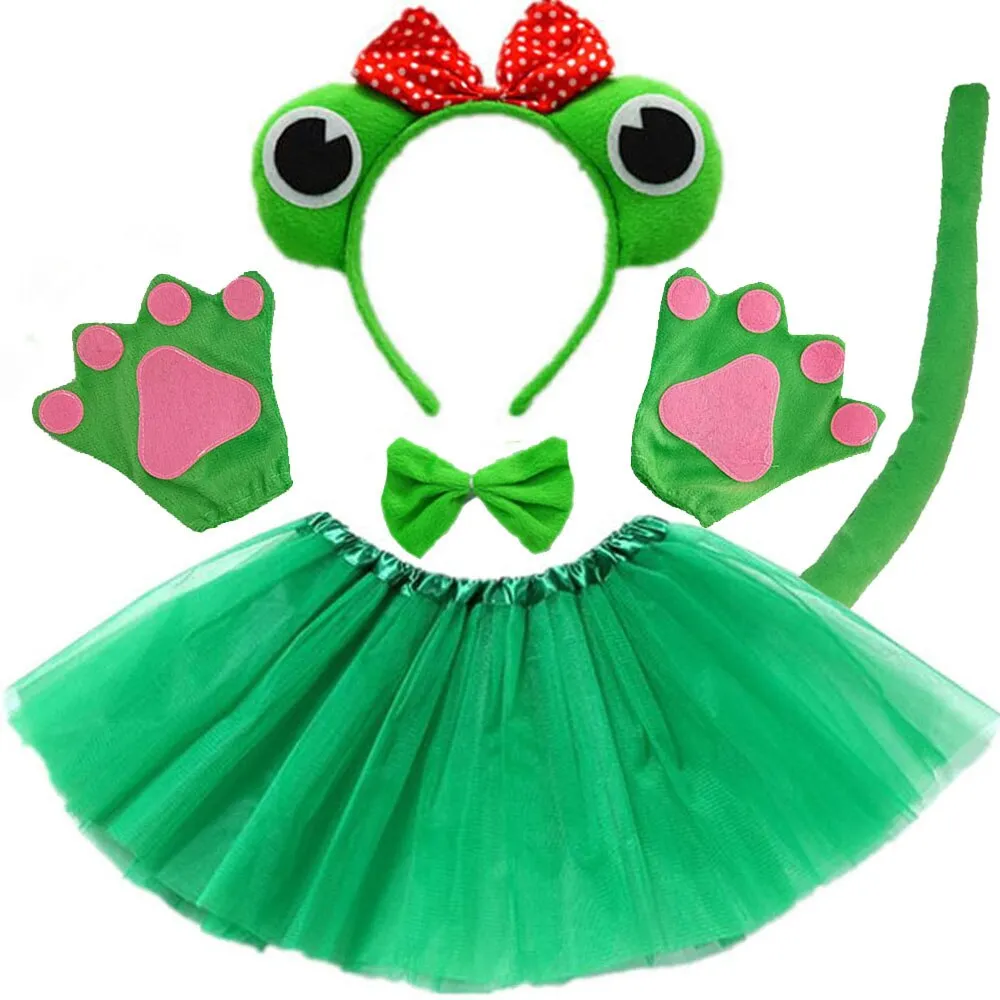 Green Frog Cosplay Animals Crown Prince Headband Bow Tail Paws Tutu Skirt Set Kids Children Girl Party Props Halloween Christmas