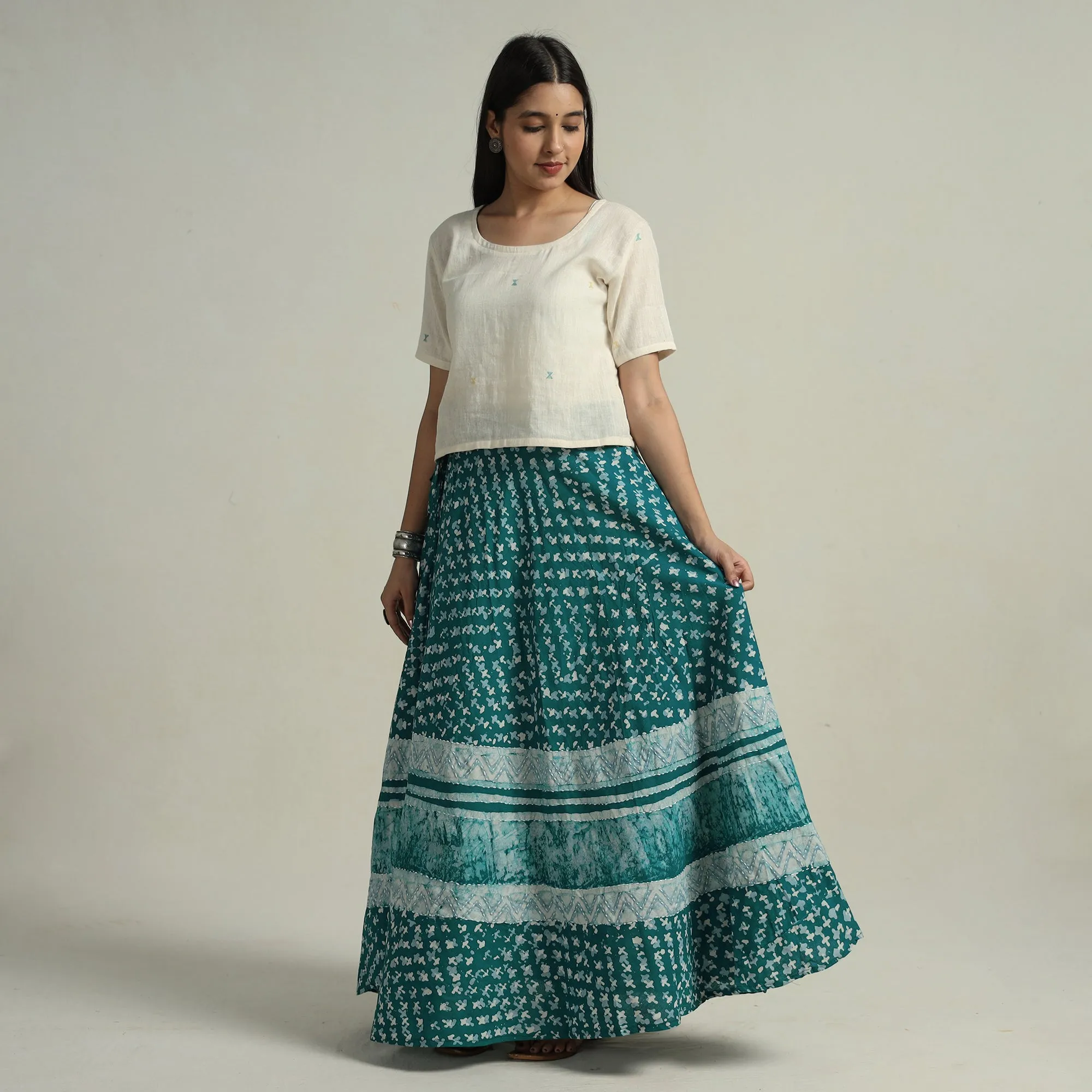 Green - Hand Batik Printed Running Stitch Cotton Long Skirt 60