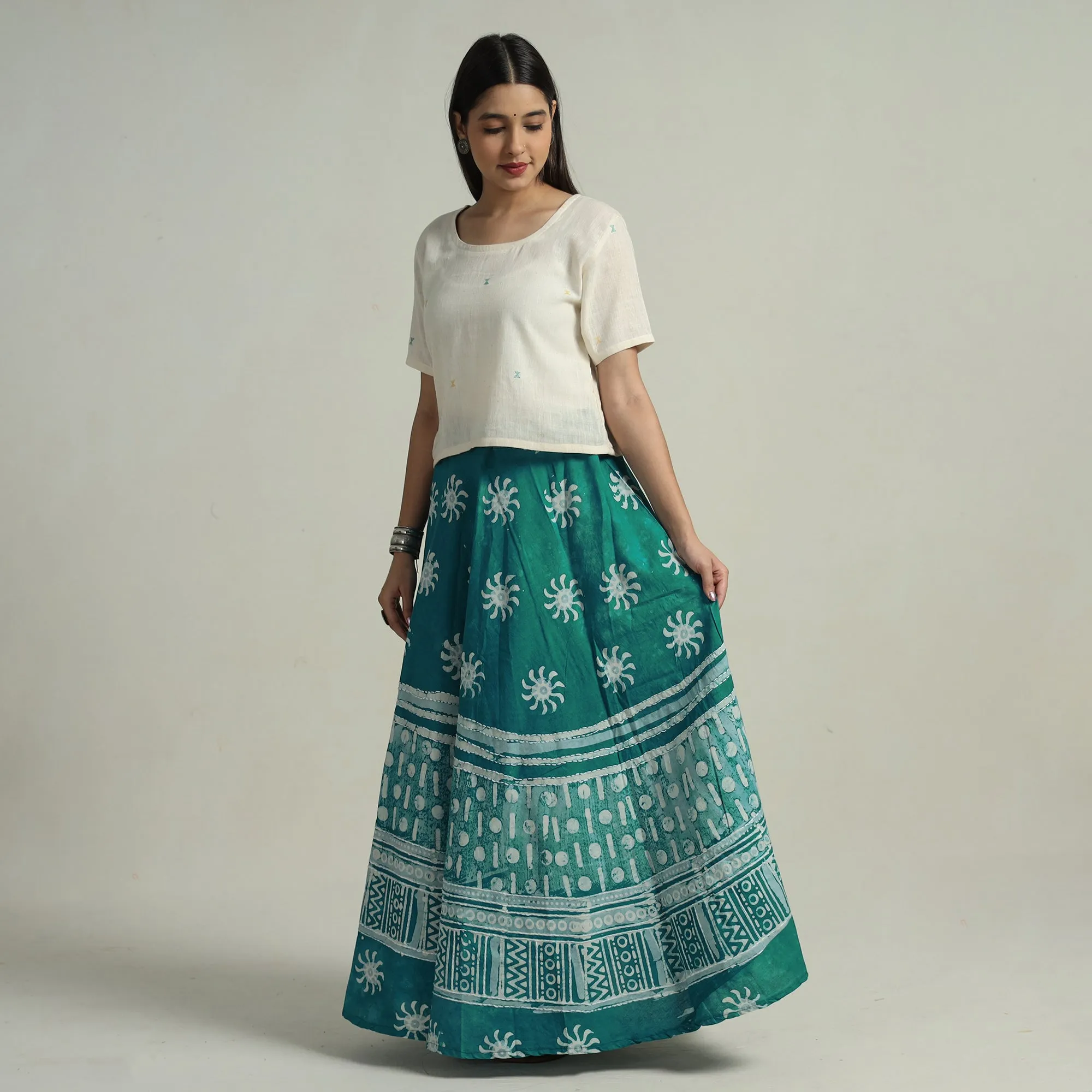 Green - Hand Batik Printed Running Stitch Cotton Long Skirt 66