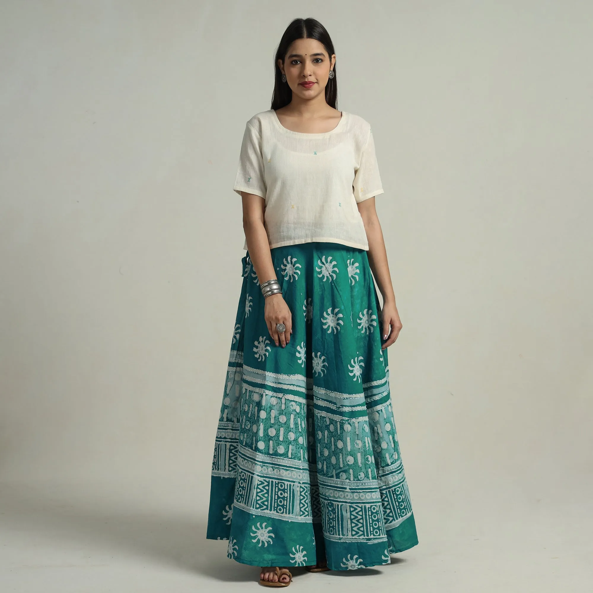 Green - Hand Batik Printed Running Stitch Cotton Long Skirt 66