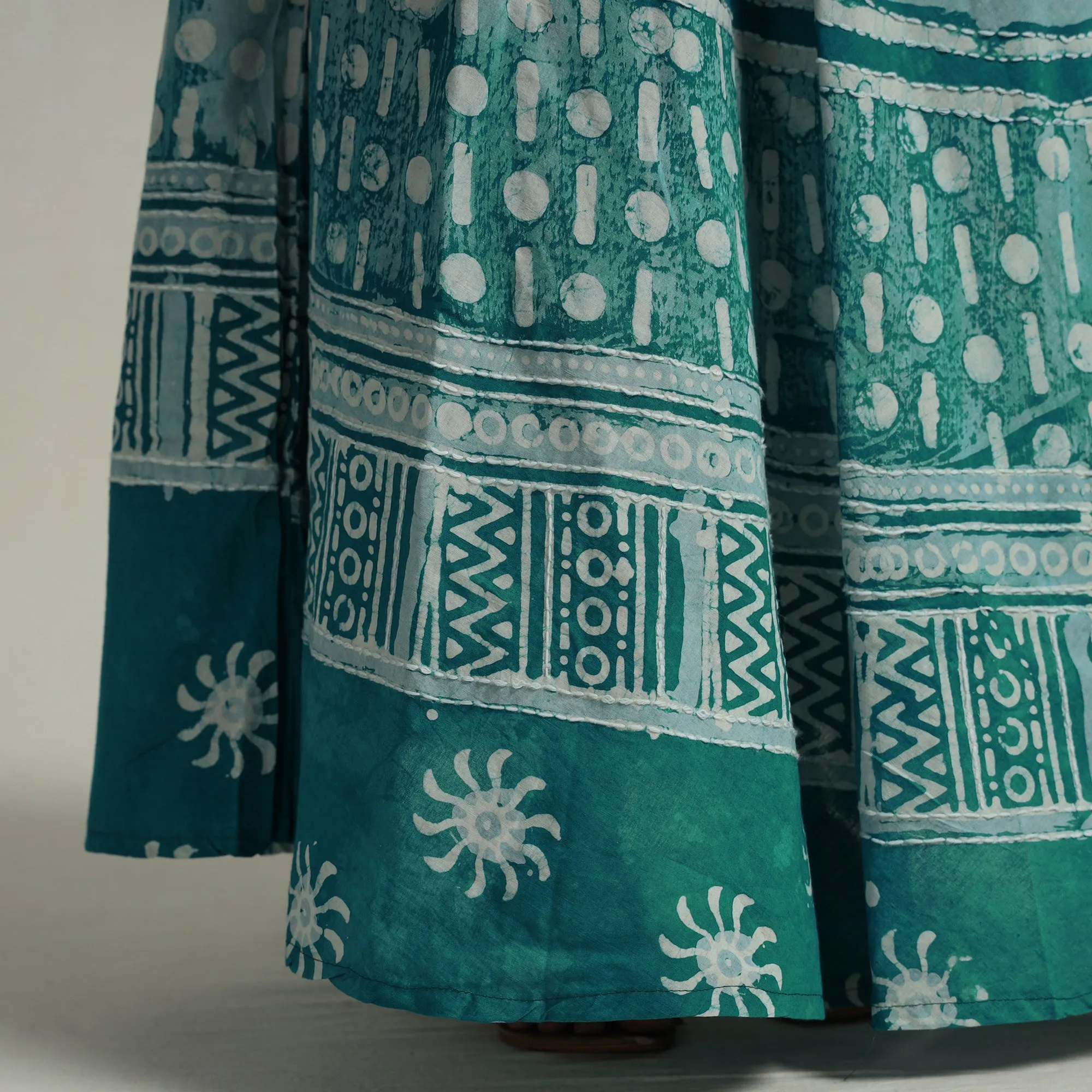 Green - Hand Batik Printed Running Stitch Cotton Long Skirt 66