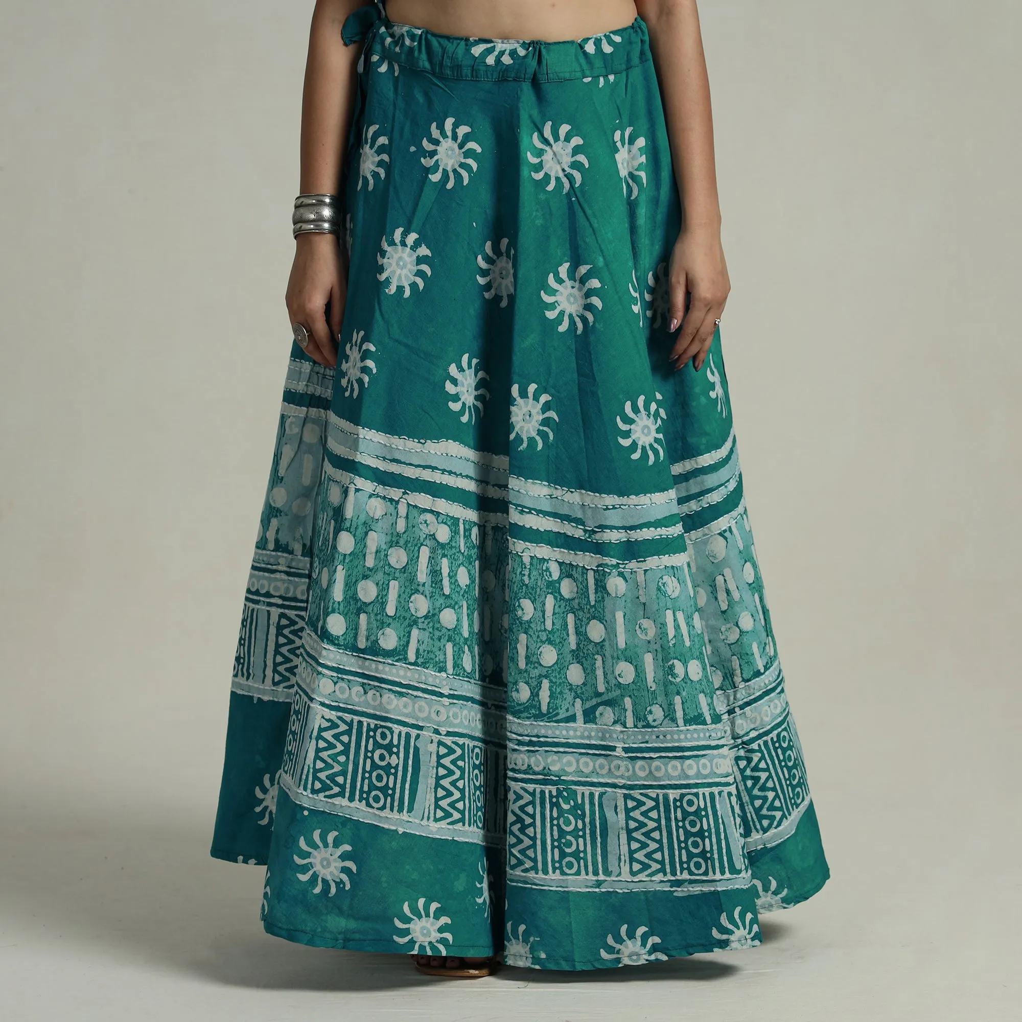 Green - Hand Batik Printed Running Stitch Cotton Long Skirt 66