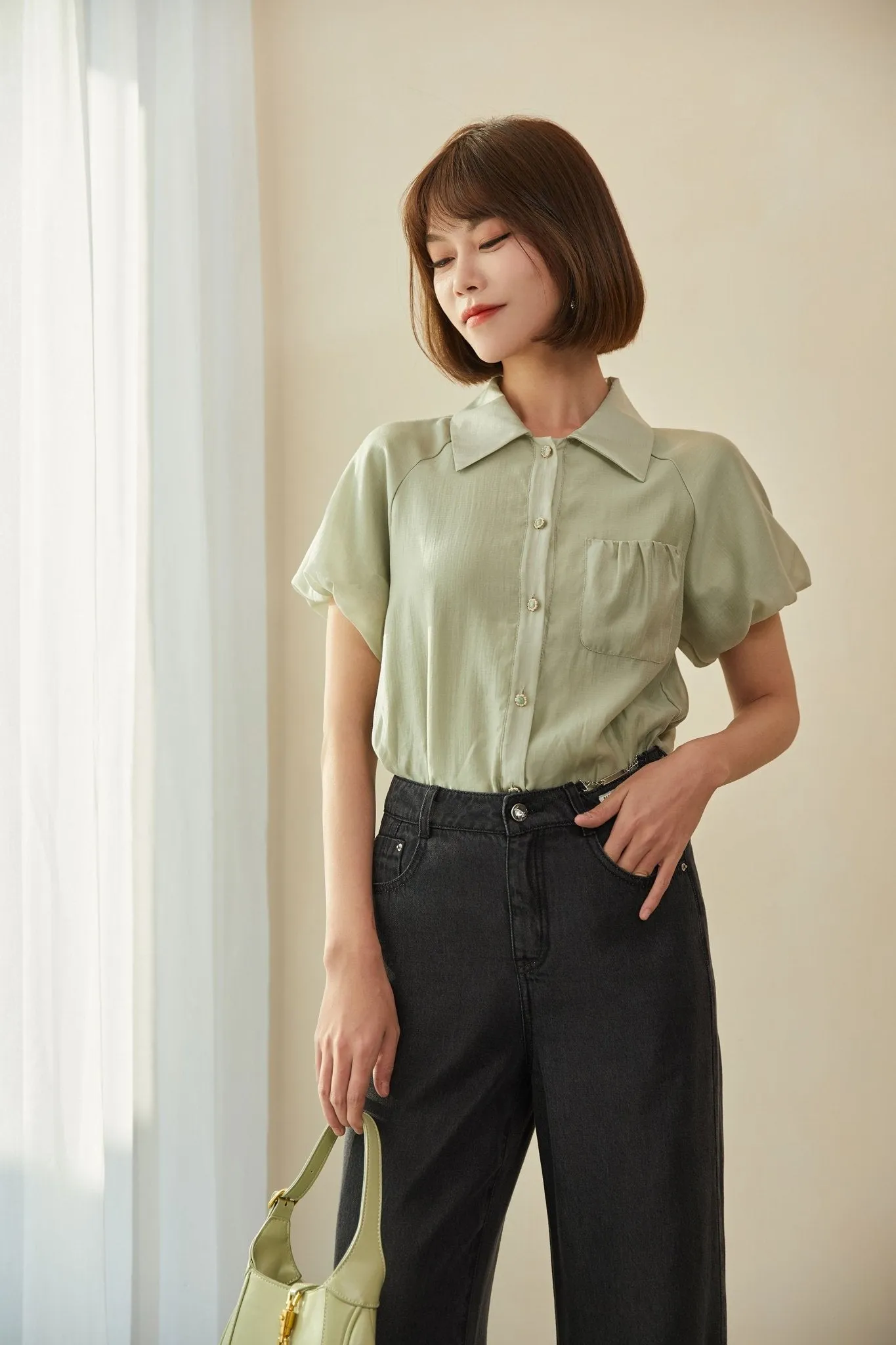 Grey Green Shirt Puffed Sleeves Pocket