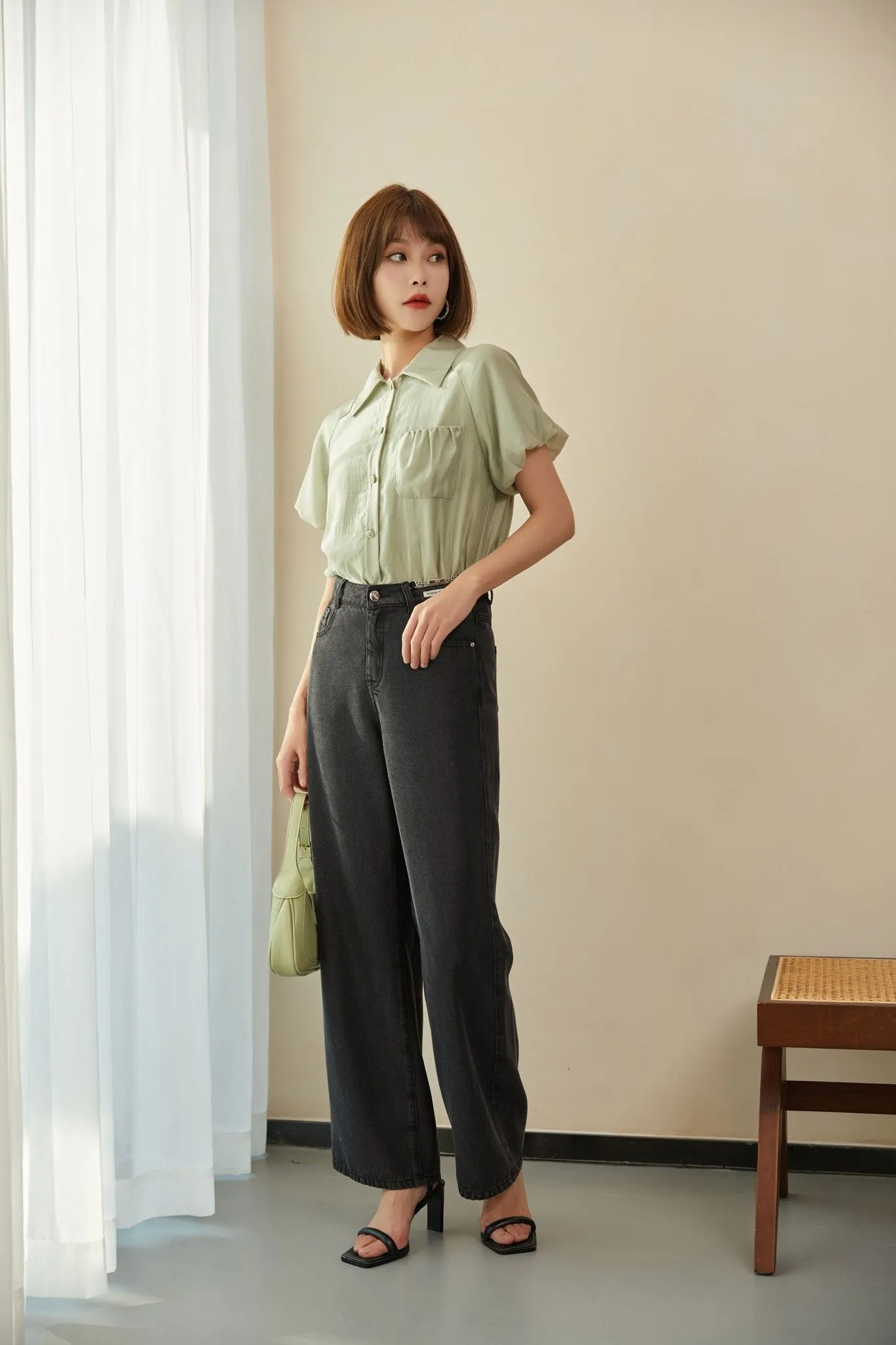 Grey Green Shirt Puffed Sleeves Pocket