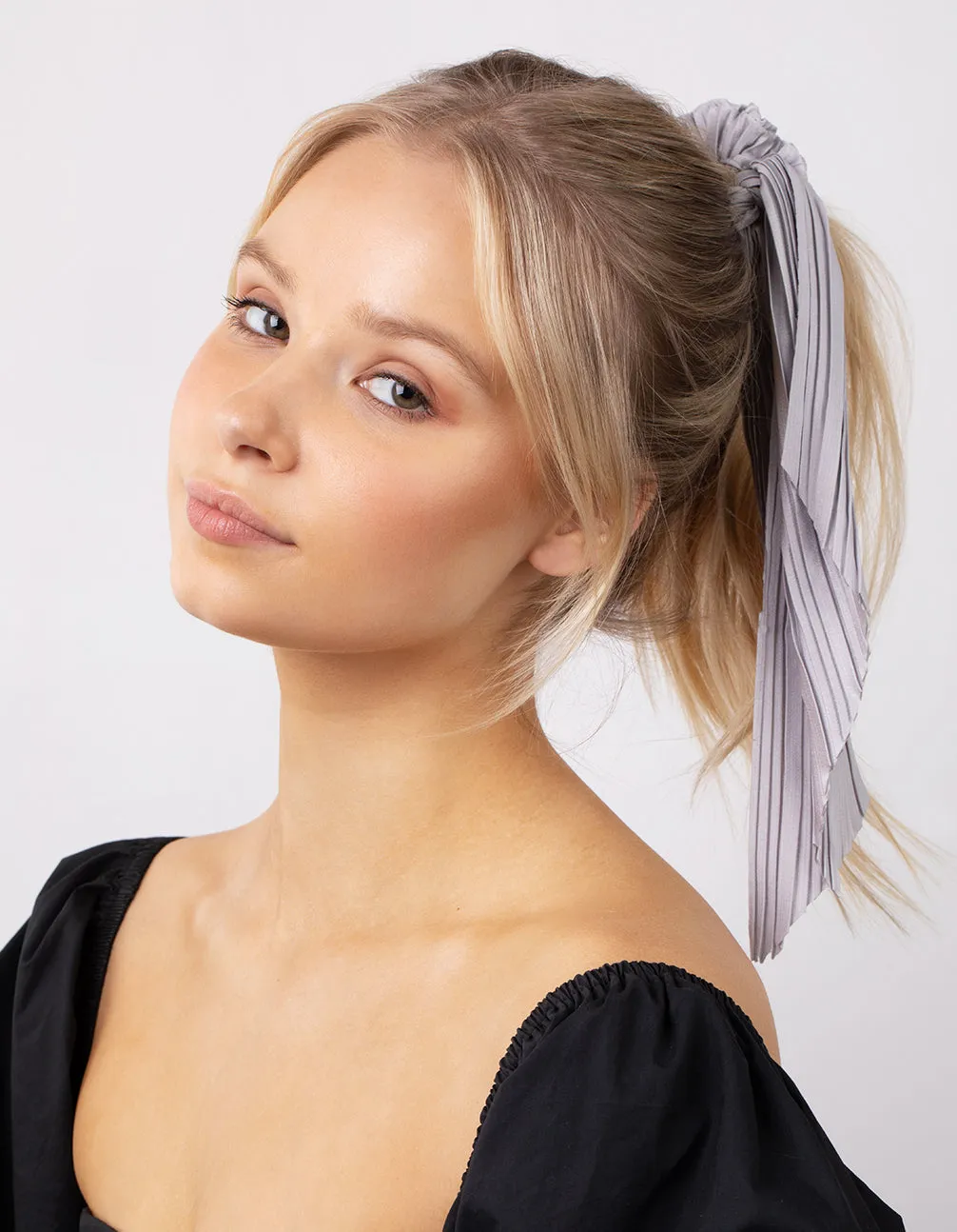 Grey Pleated Scarf Scrunchie