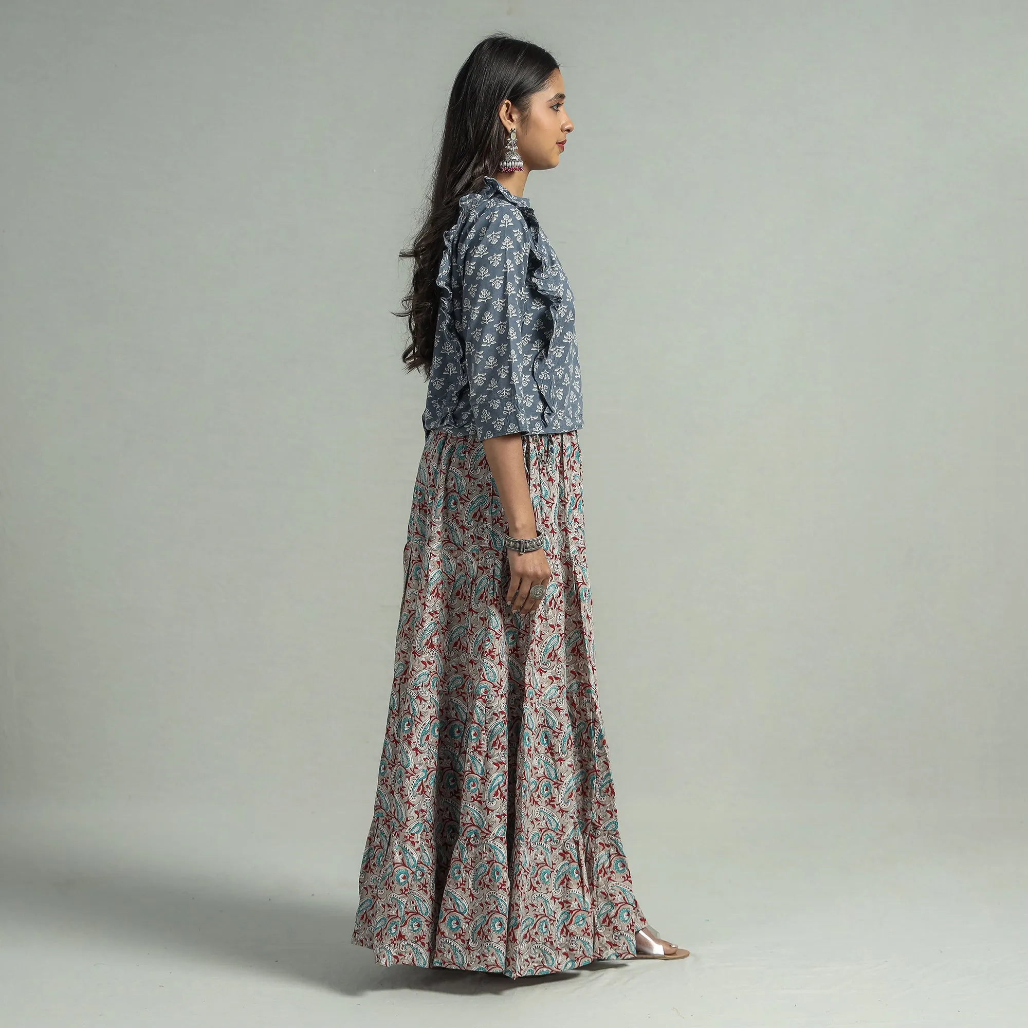 Grey - Sanganeri Block Printed Tiered Cotton Long Skirt