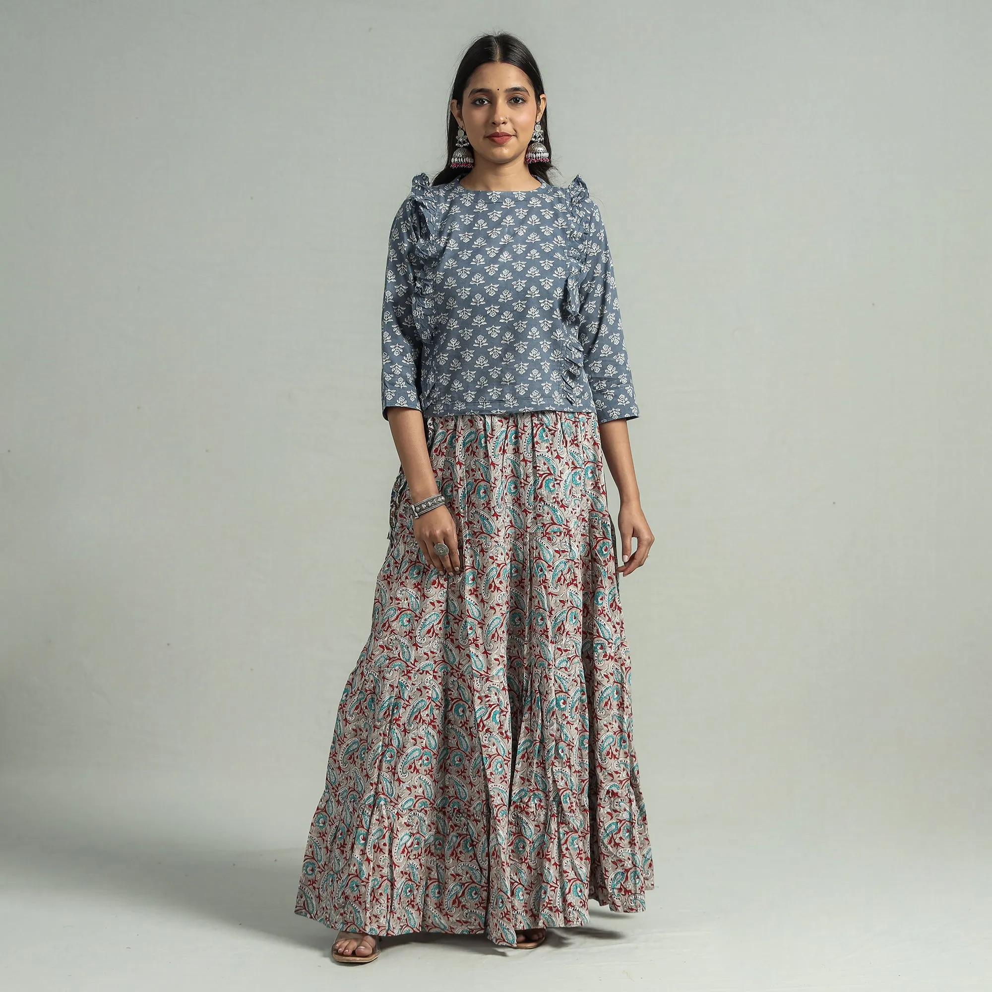 Grey - Sanganeri Block Printed Tiered Cotton Long Skirt