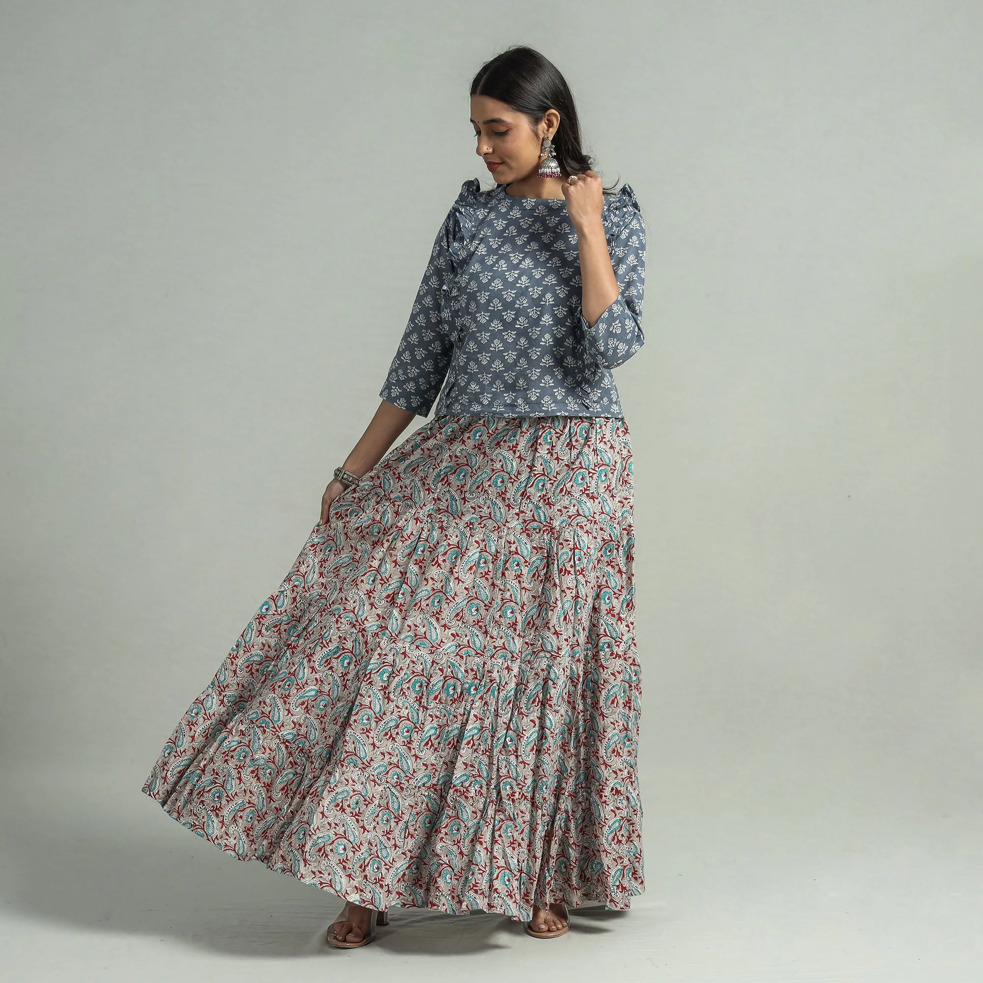 Grey - Sanganeri Block Printed Tiered Cotton Long Skirt