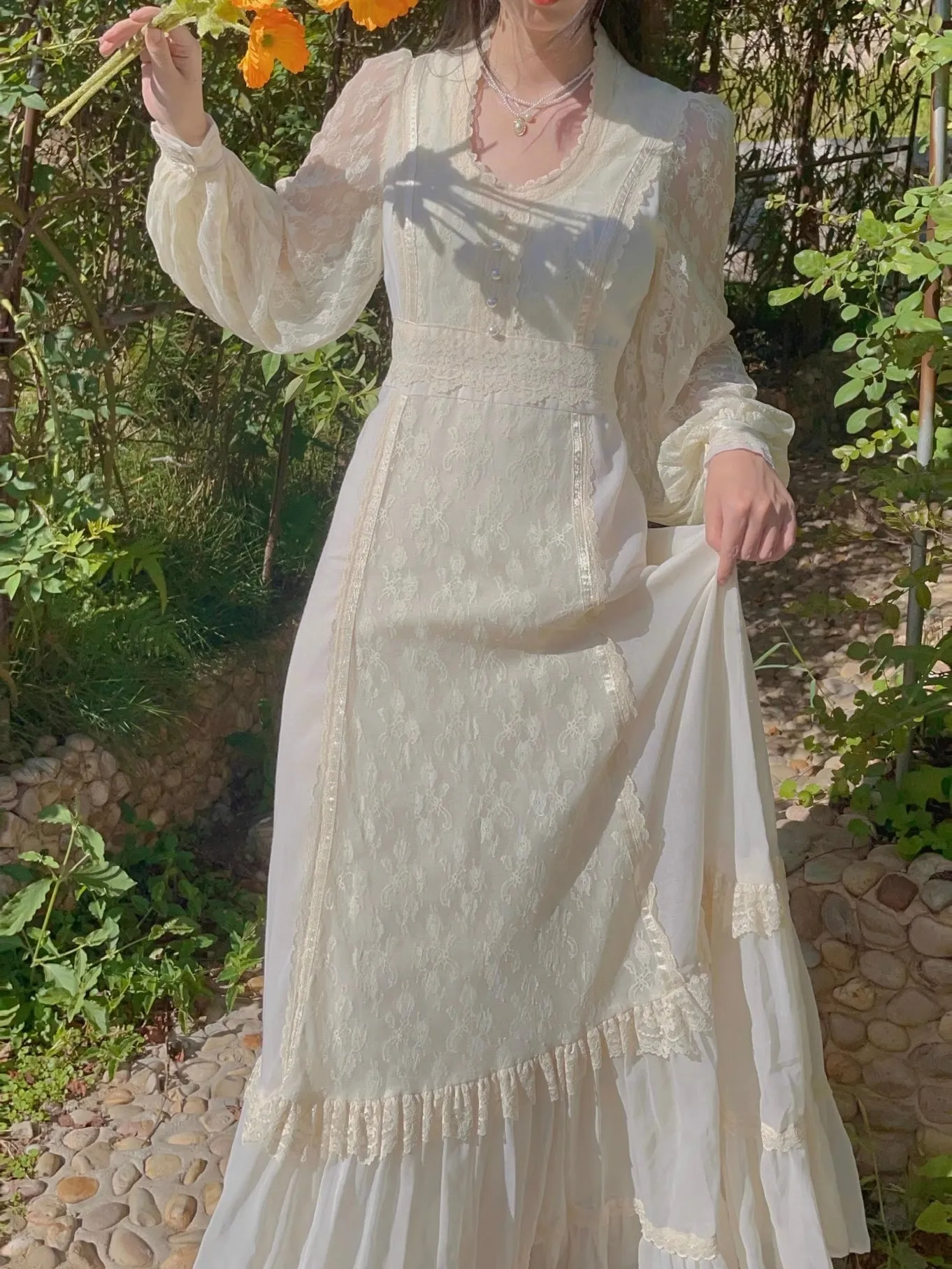 Gunne Sax Remake Lace Prairie Puff Sleeves Dress