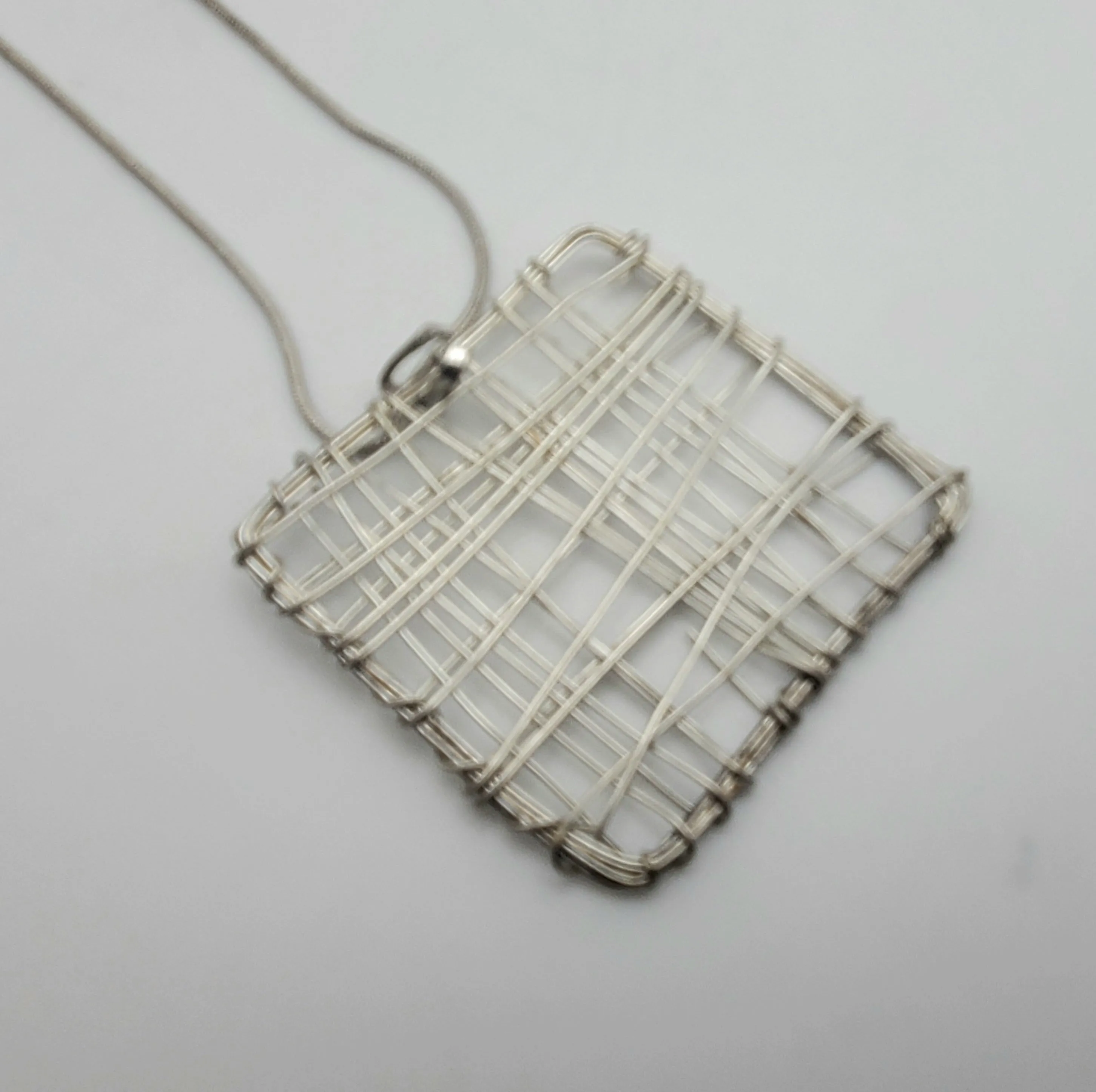 Handmade Wire Wrapped Square Pendant on Silver Tone Chain Necklace - 17"