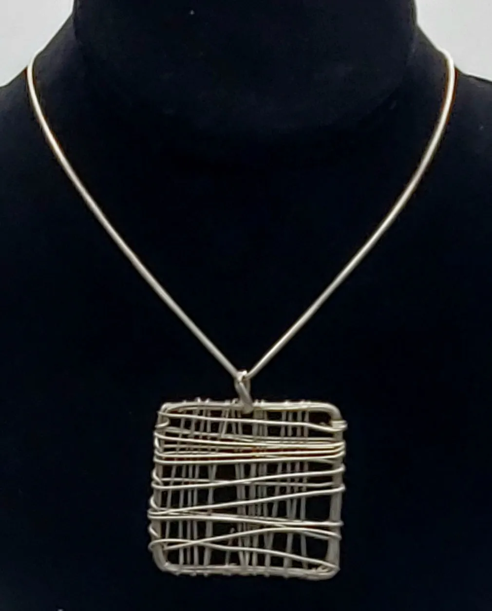 Handmade Wire Wrapped Square Pendant on Silver Tone Chain Necklace - 17"