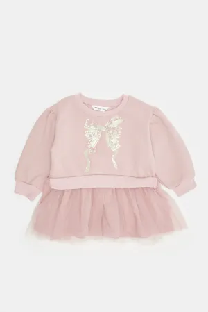 Infant Girls Pink Sweat Dress with Tulle Skirt and Sequin Bow