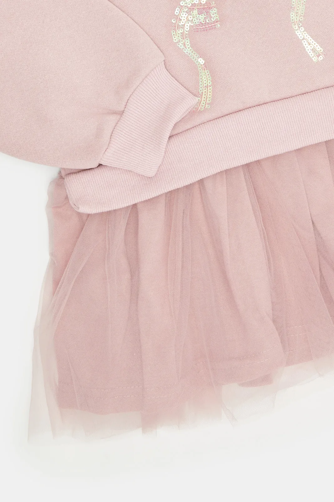 Infant Girls Pink Sweat Dress with Tulle Skirt and Sequin Bow