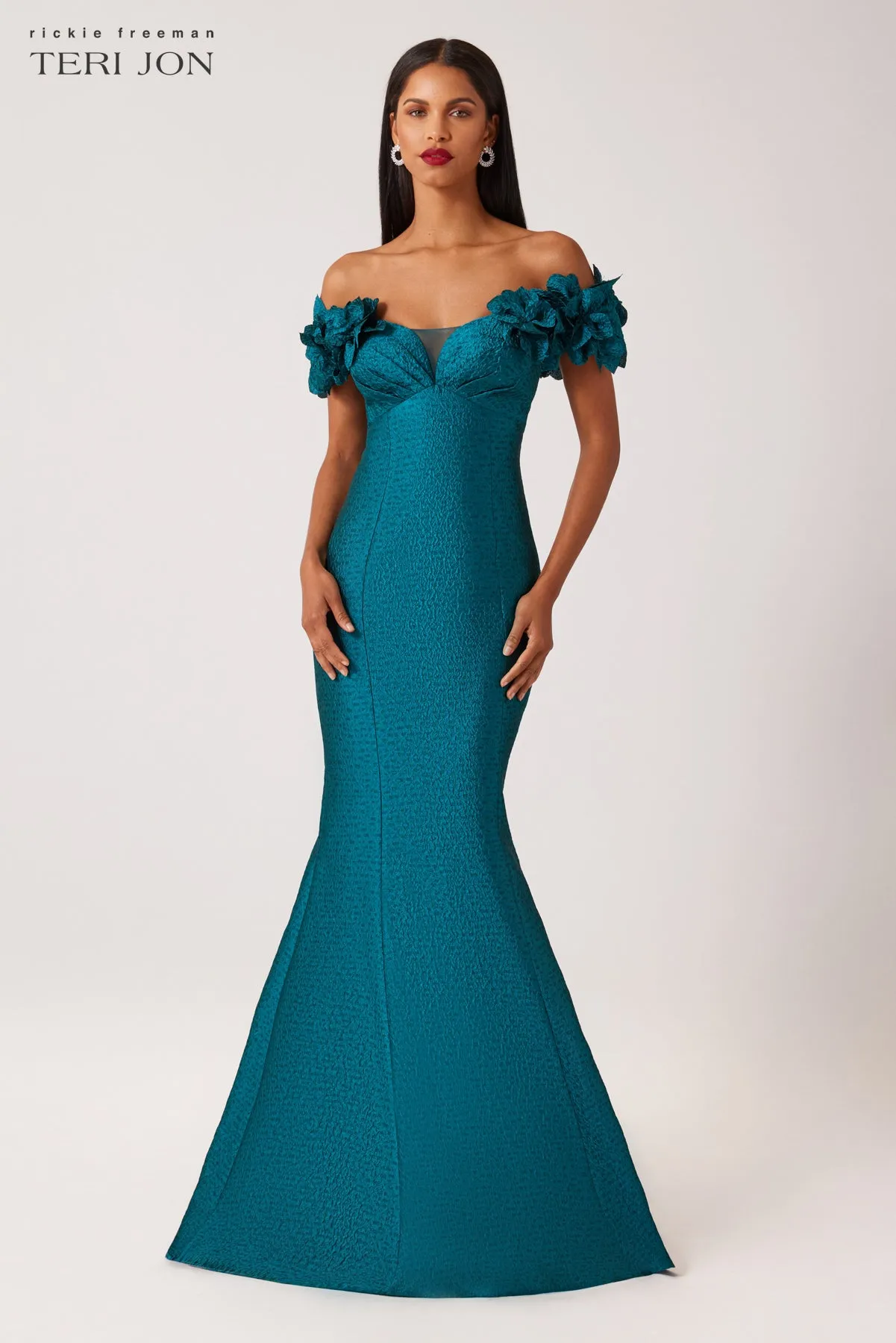 Jacquard Flower Petal Evening Gown