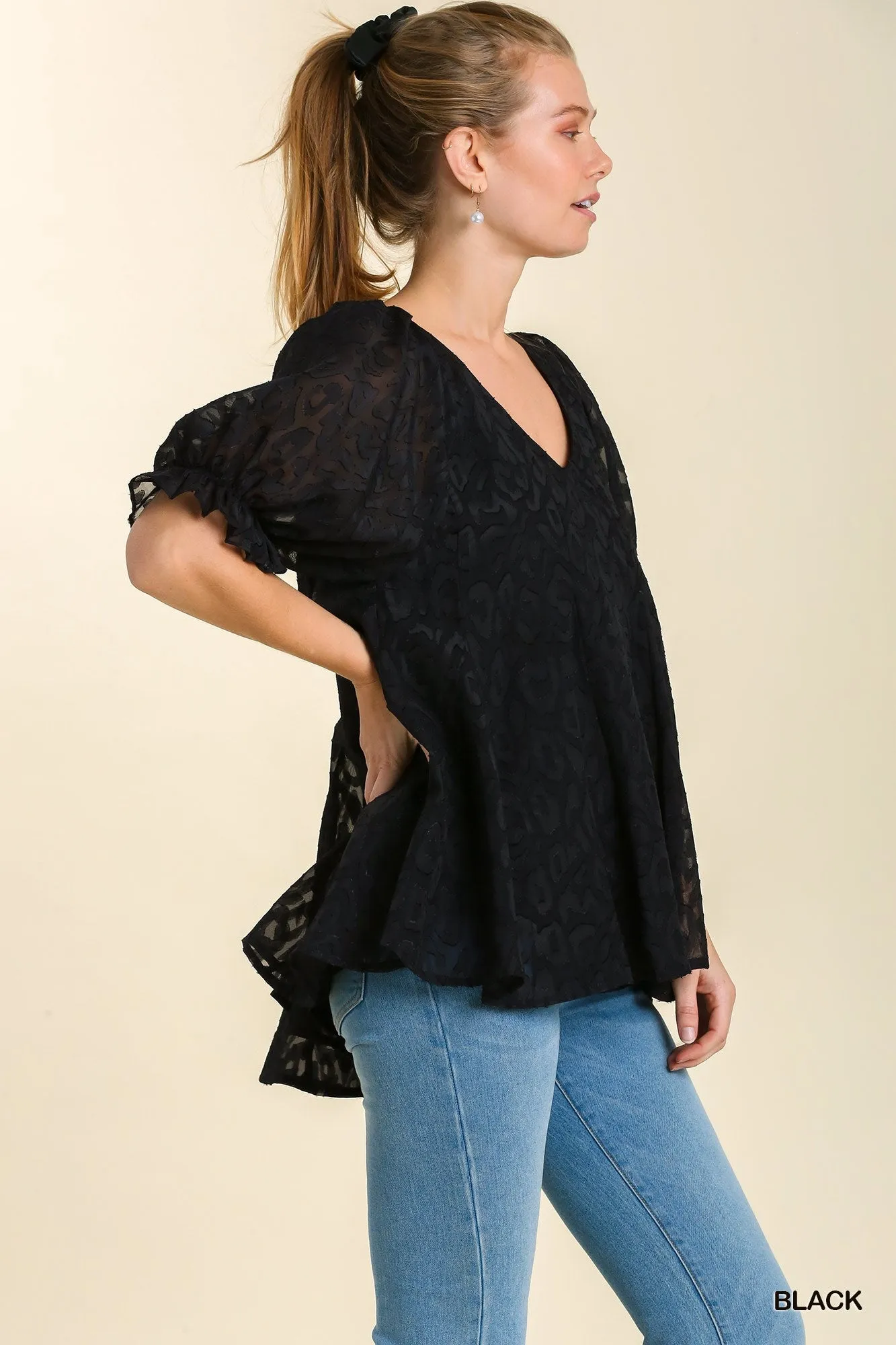 Leopard Print Puff Sleeve V-Neck Blouse with Lining