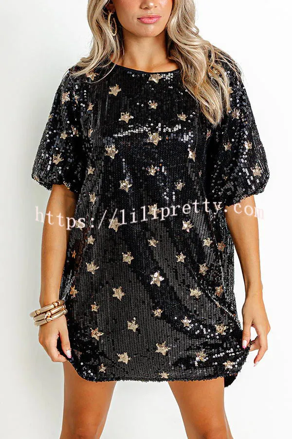 LIlipretty Stars Shine Sequin Puff Sleeve Loose Mini Dress