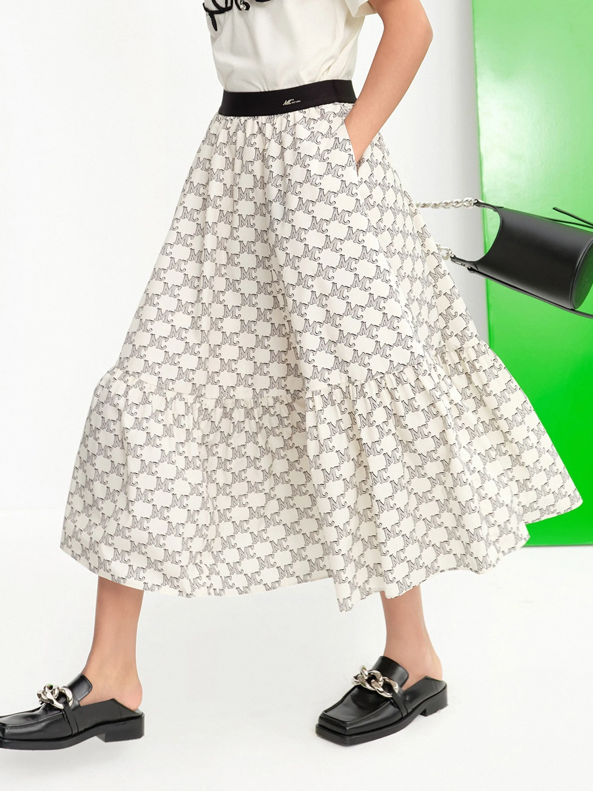 Logo Print Ruffle Midi Skirt