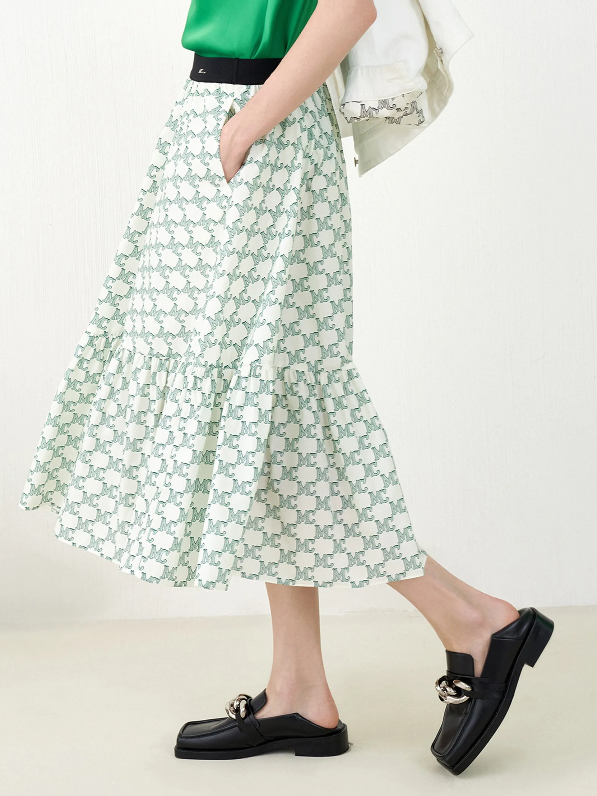 Logo Print Ruffle Midi Skirt