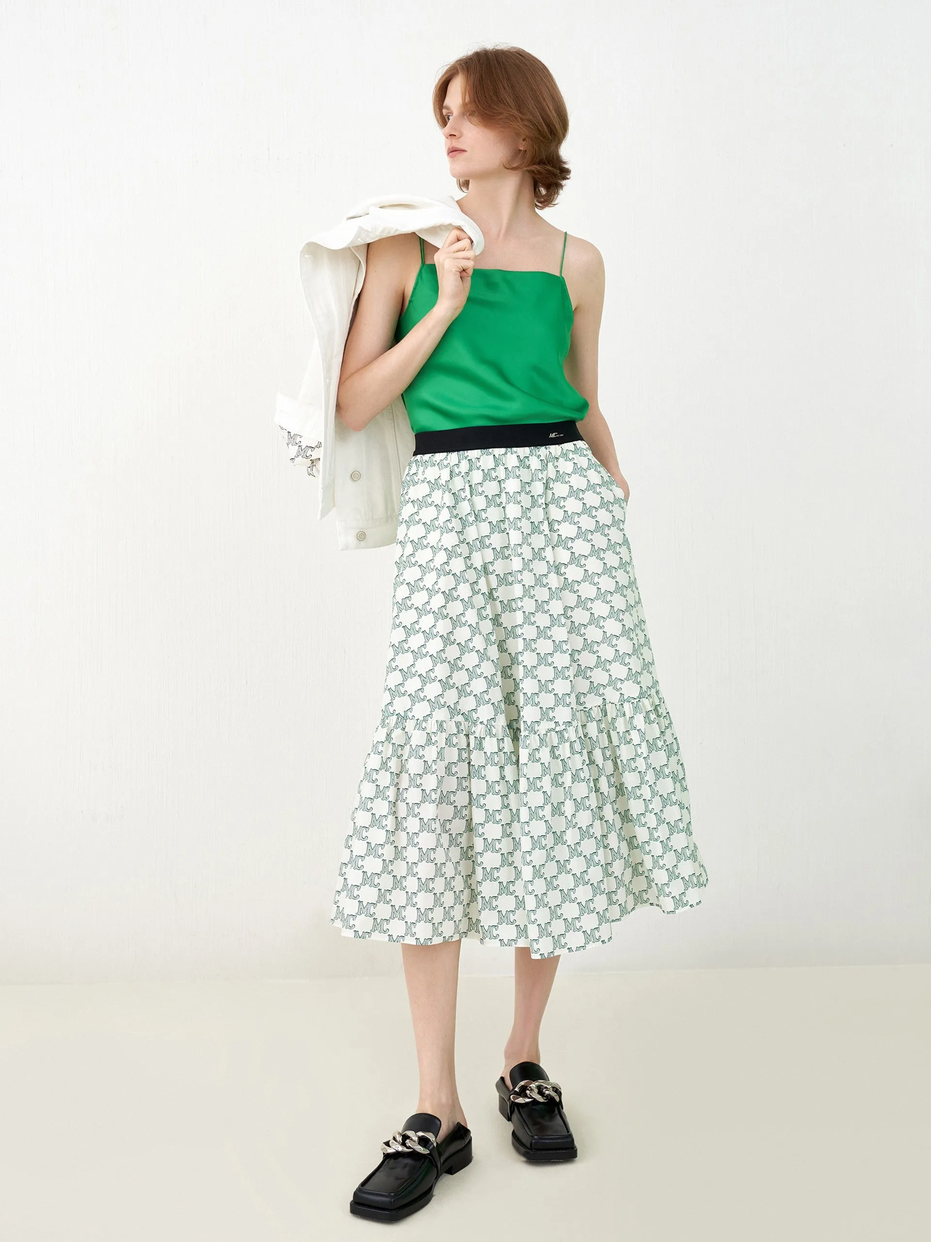 Logo Print Ruffle Midi Skirt