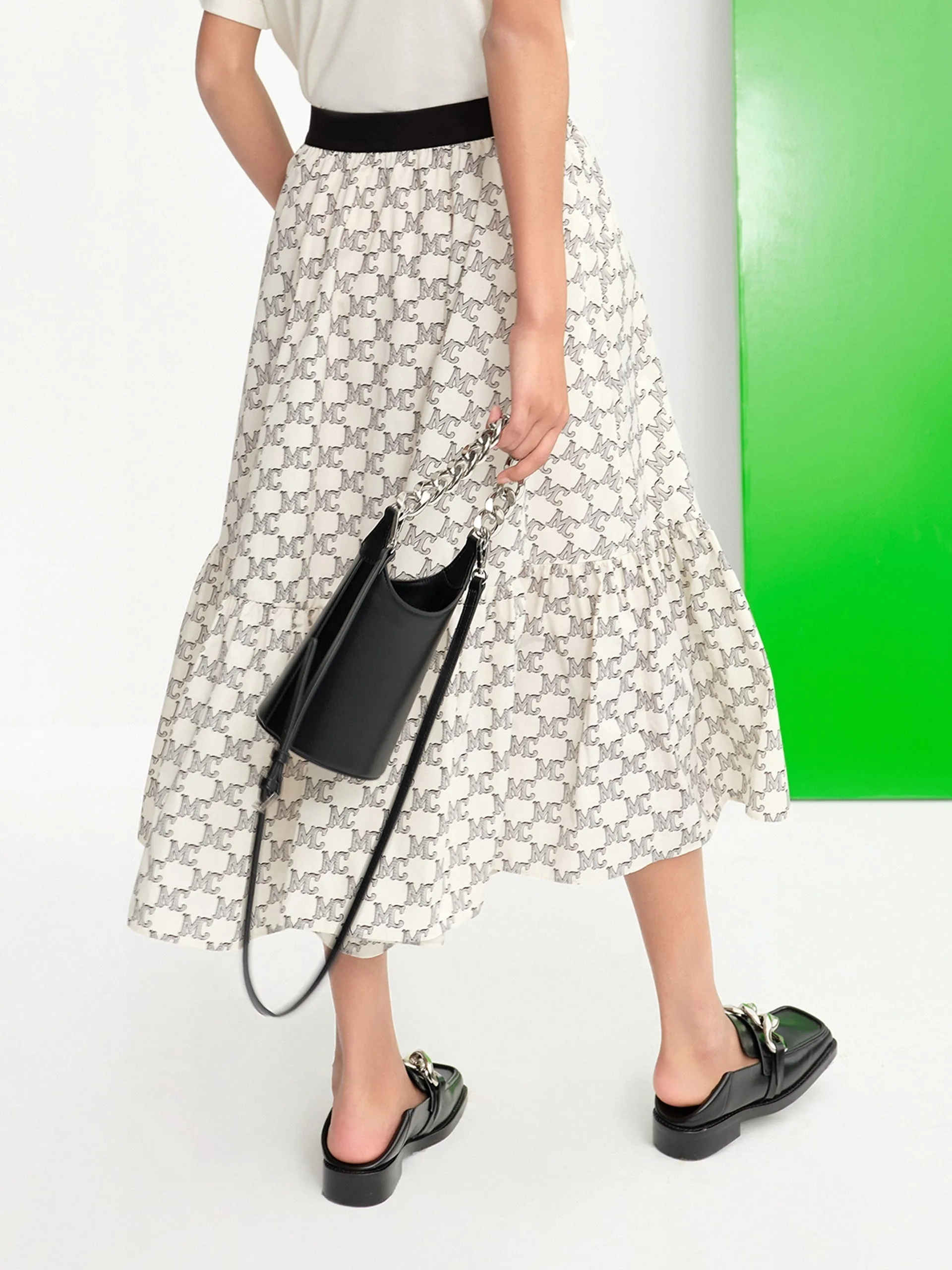 Logo Print Ruffle Midi Skirt