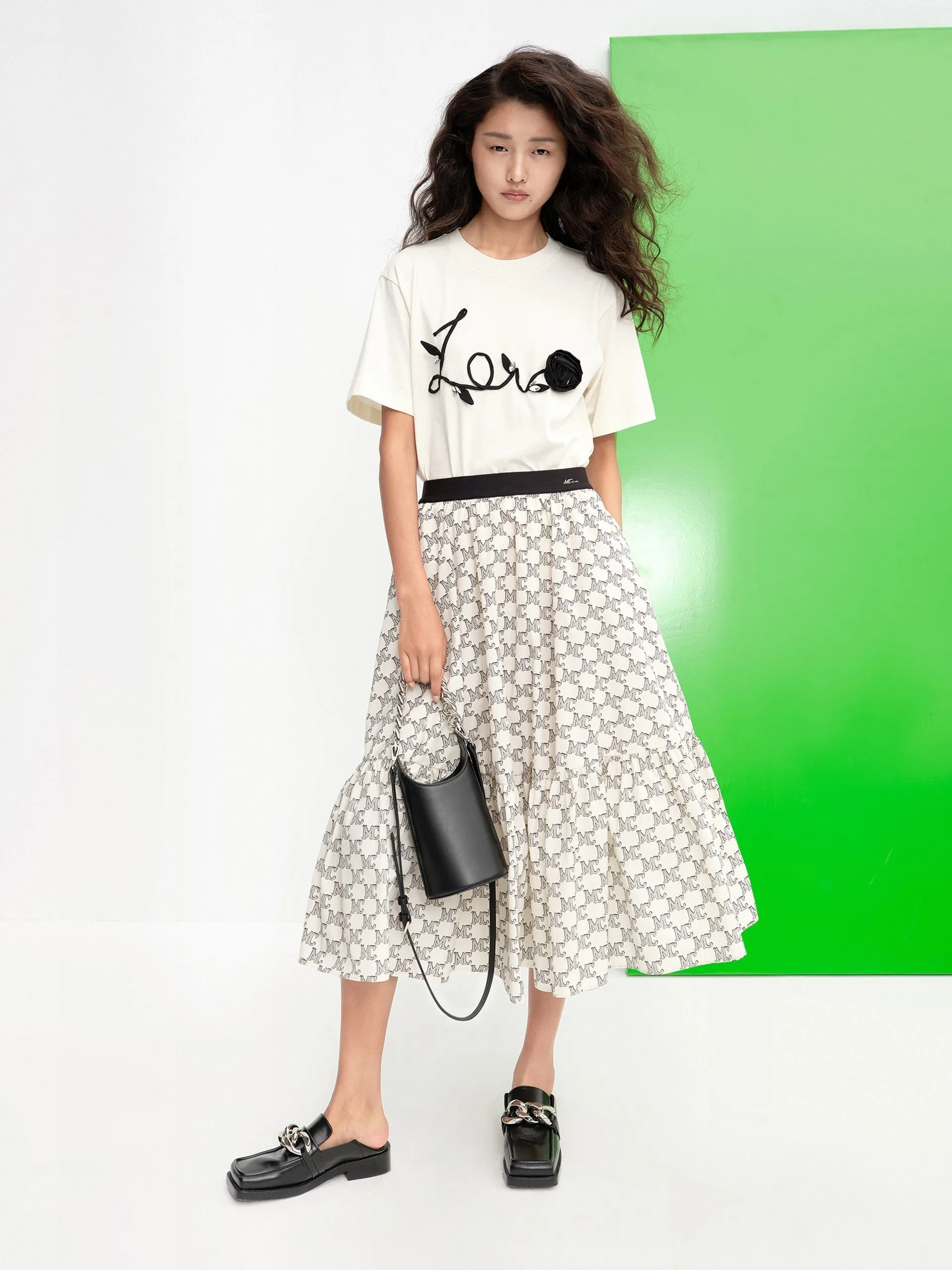 Logo Print Ruffle Midi Skirt