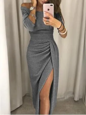 Long Sexy Off Shoulder Party Dress Women High Slit Bodycon Shein Dress Autumn Three Quarter Sleeve Bright Silk Shiny Dress