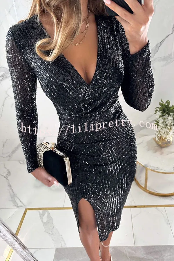 Main Character Sequin Long Sleeve Side Slit Midi Dress