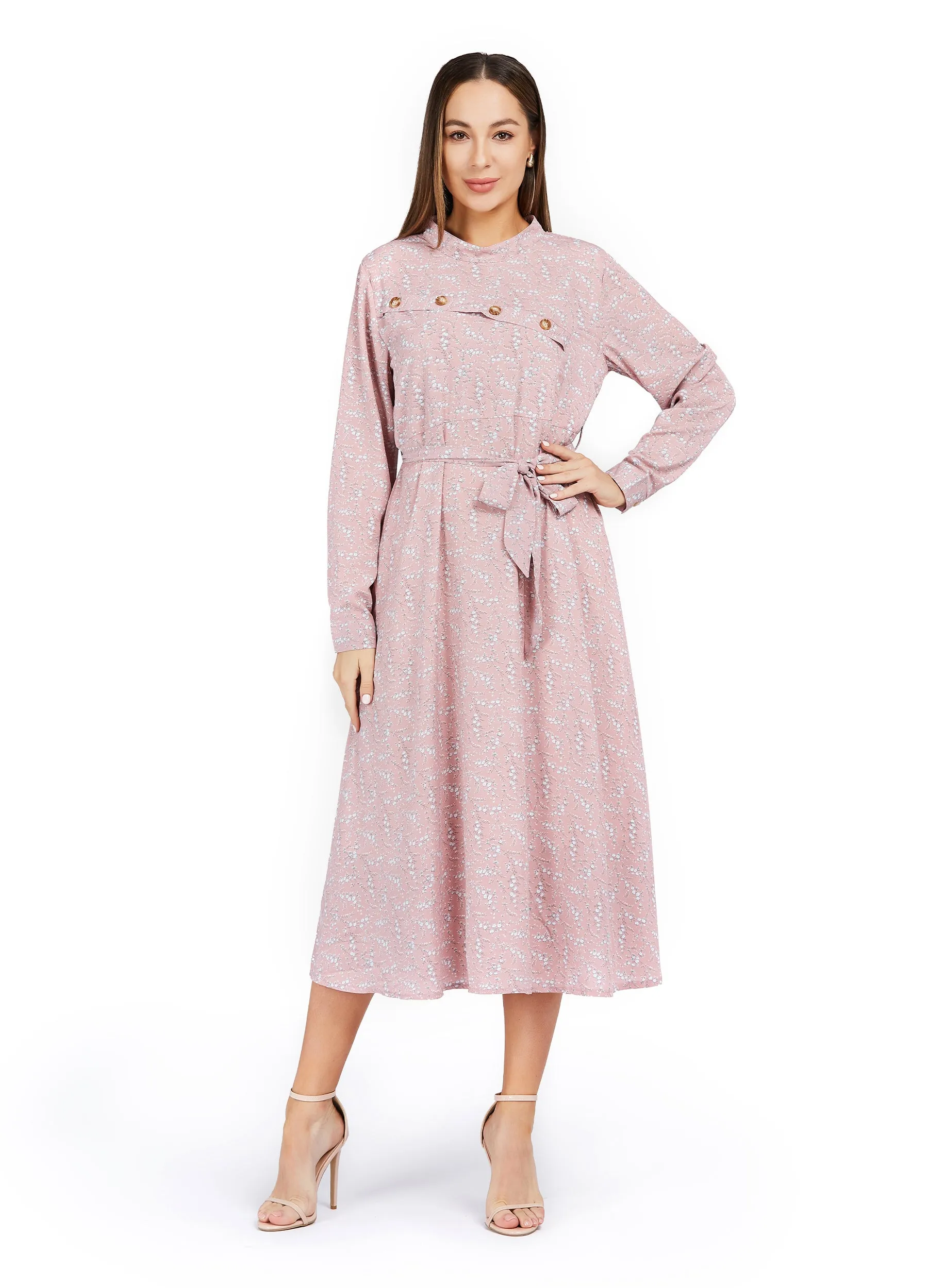 MECALA Women's Fall Tiny Floral Print Dress Long Sleeve Belted Midi Dress