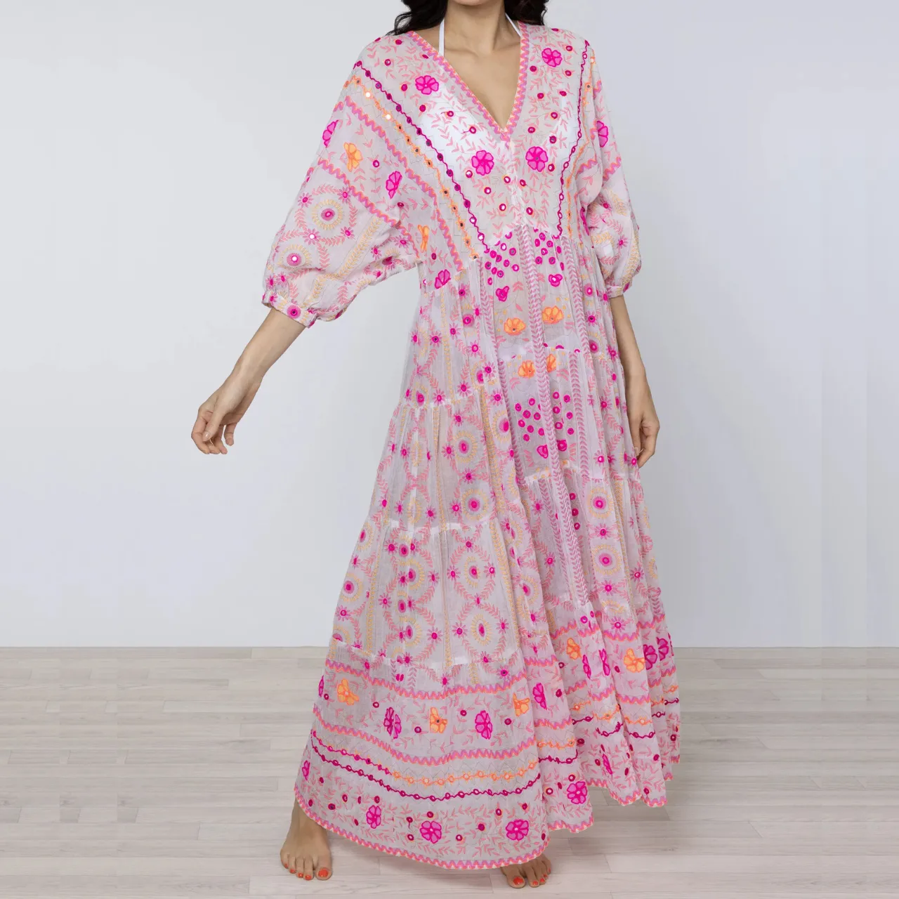 Mexican Print V Neck Maxi Dress in White with Fuchsia Embroidery