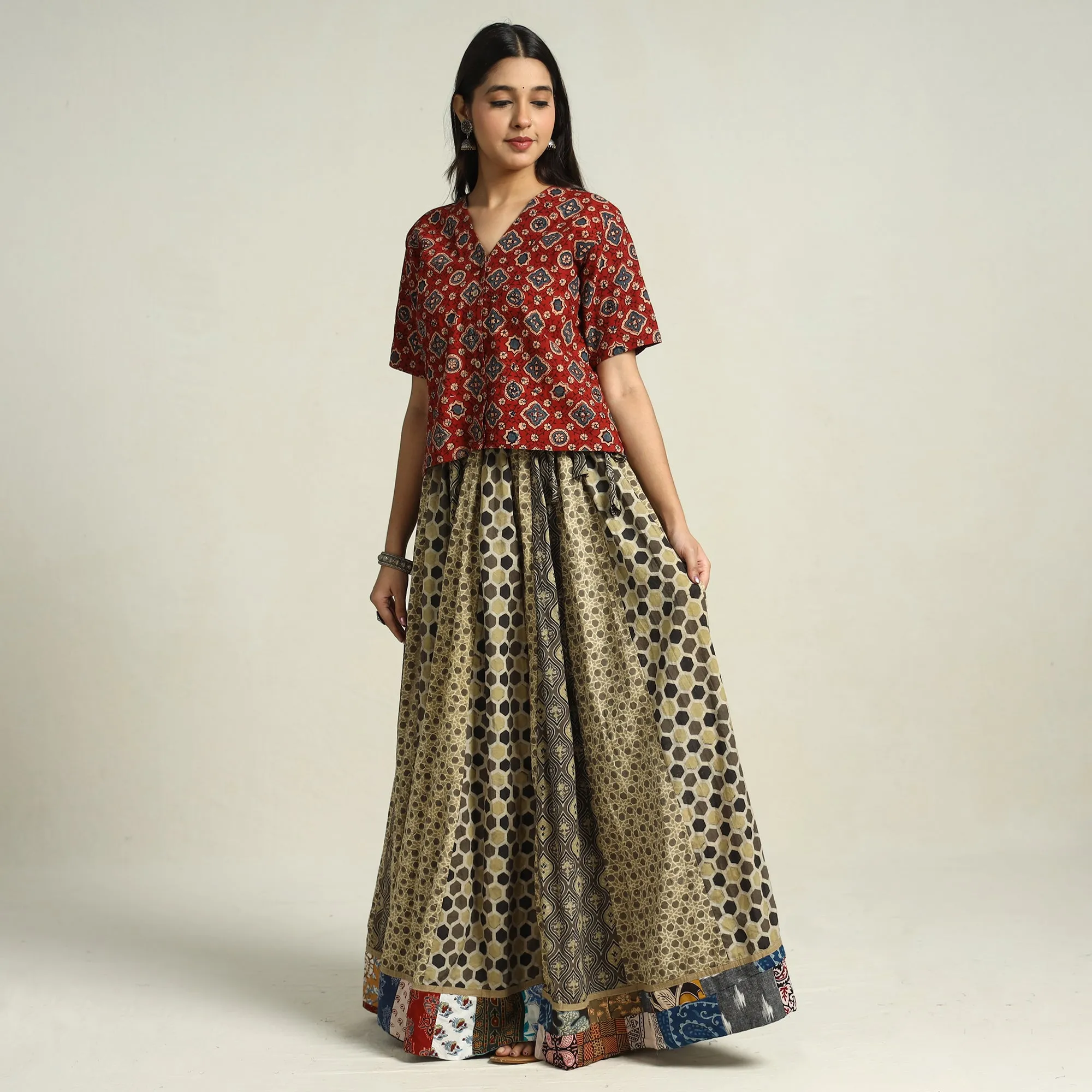 Multicolor - Ajrakh Block Printed 24 Kali Patchwork Cotton Long Skirt 25