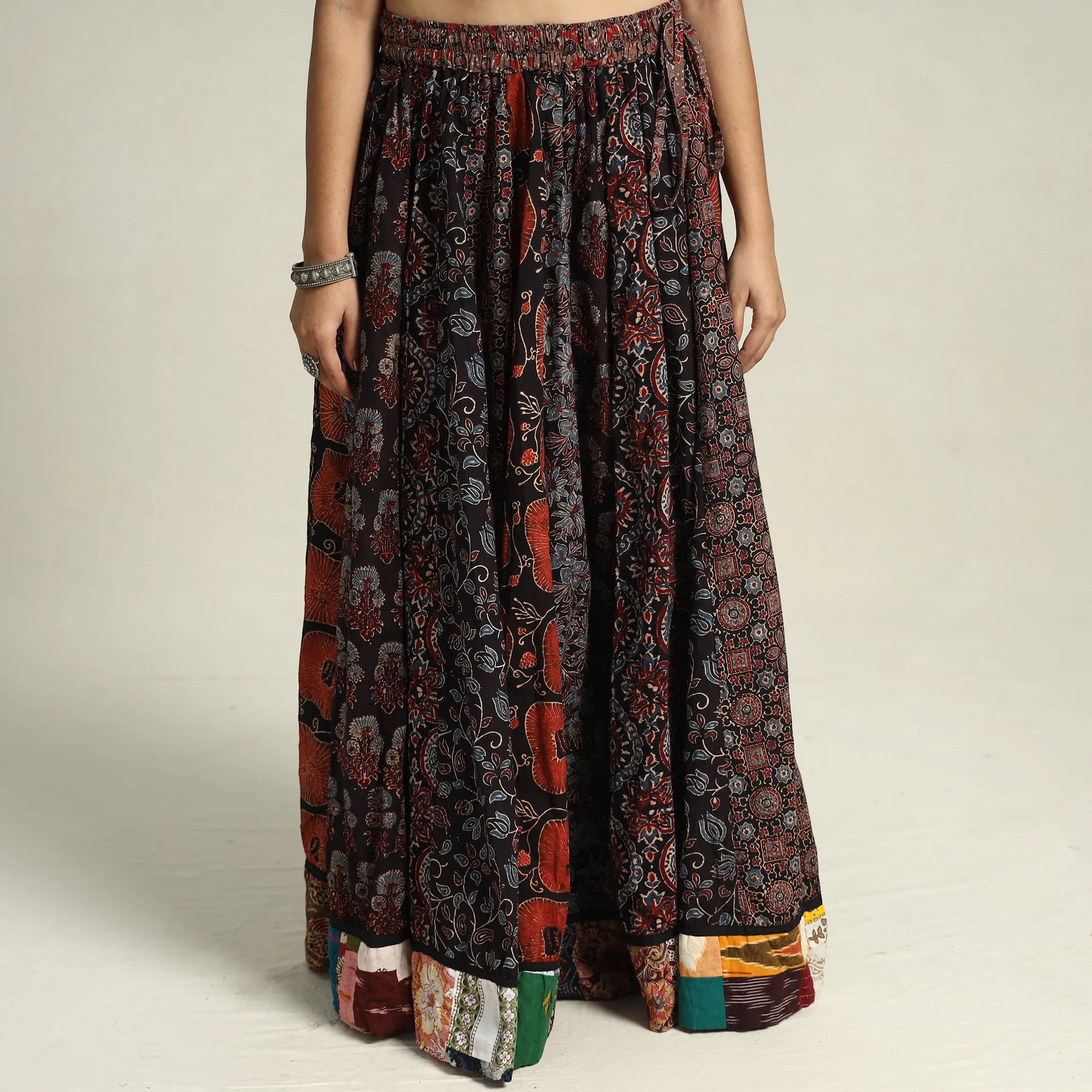 Multicolor - Ajrakh Block Printed 24 Kali Patchwork Cotton Long Skirt 26