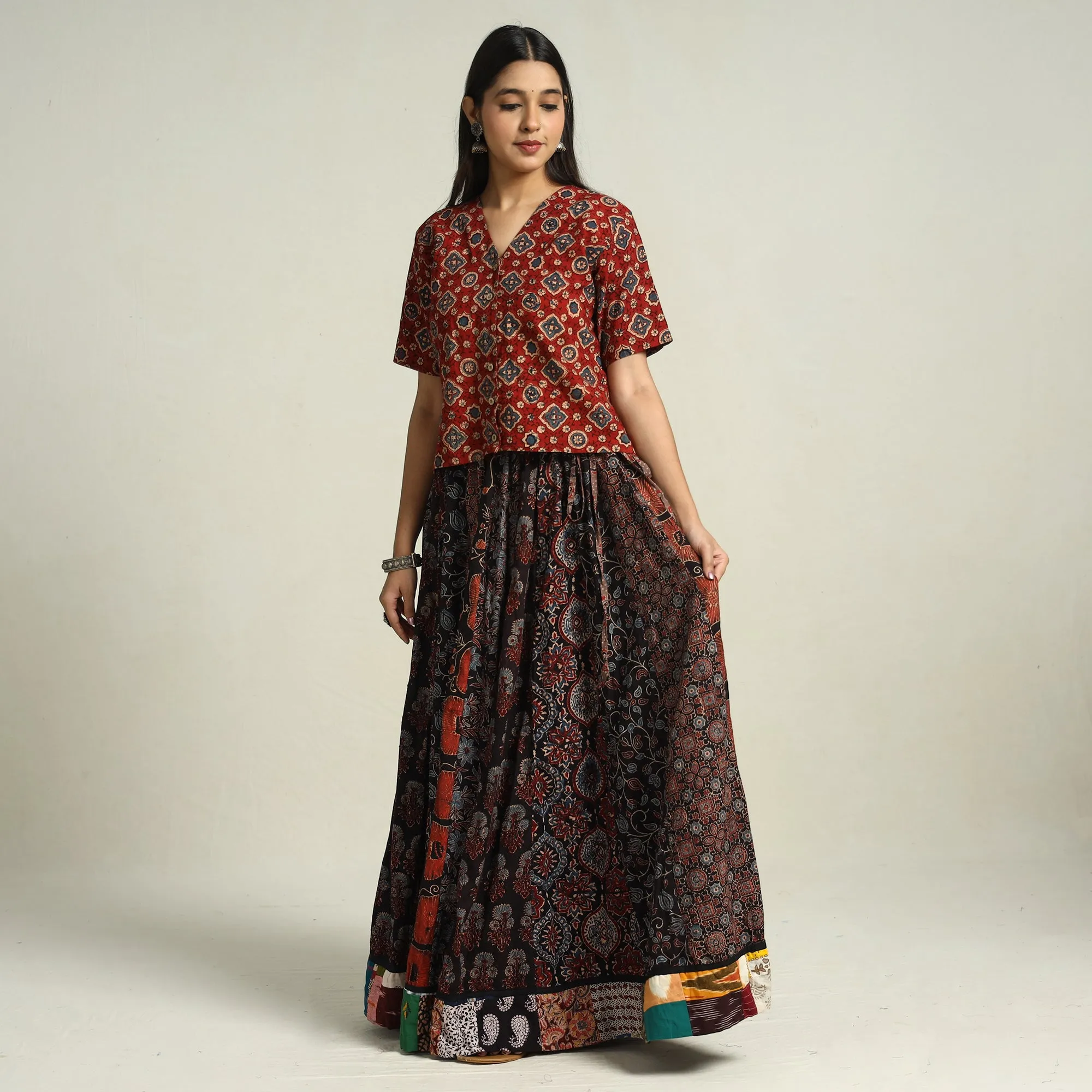 Multicolor - Ajrakh Block Printed 24 Kali Patchwork Cotton Long Skirt 26