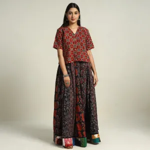 Multicolor - Ajrakh Block Printed 24 Kali Patchwork Cotton Long Skirt 26