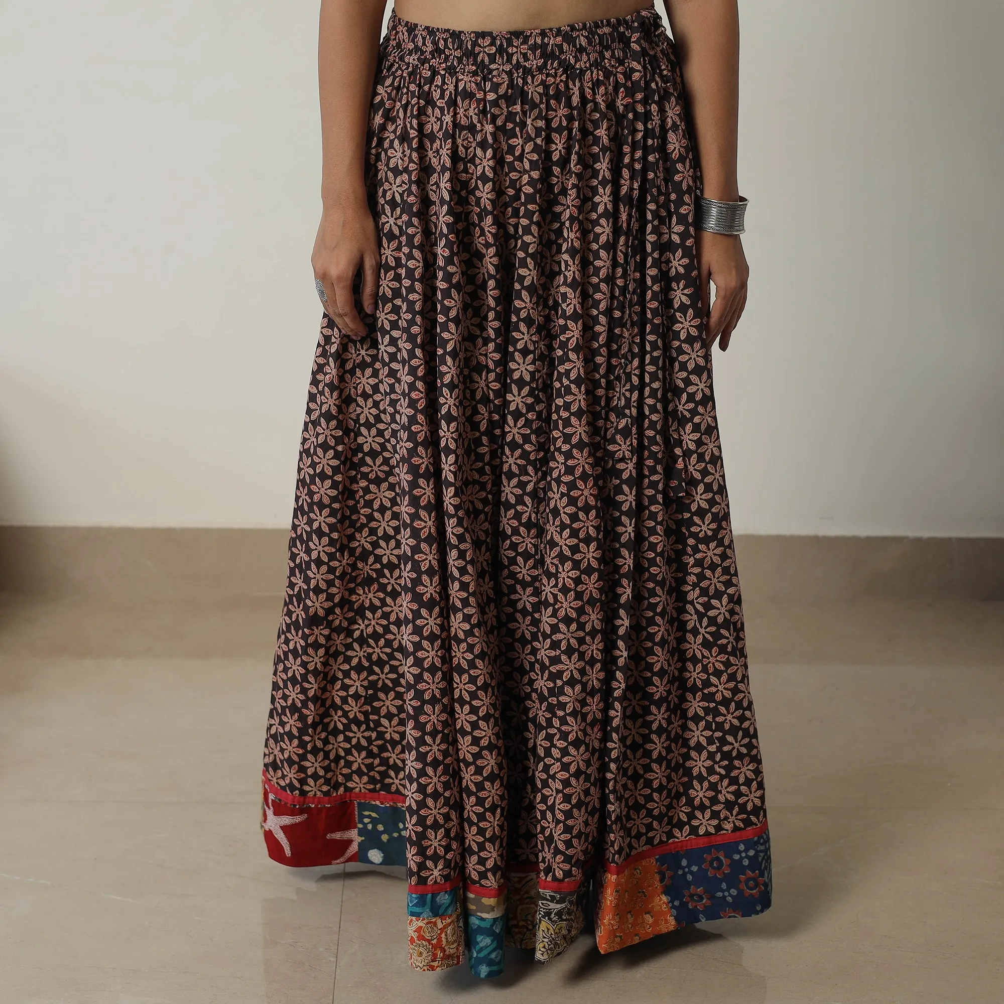 Multicolor - Bagru Block Printed 24 Kali Patchwork Cotton Long Skirt 24