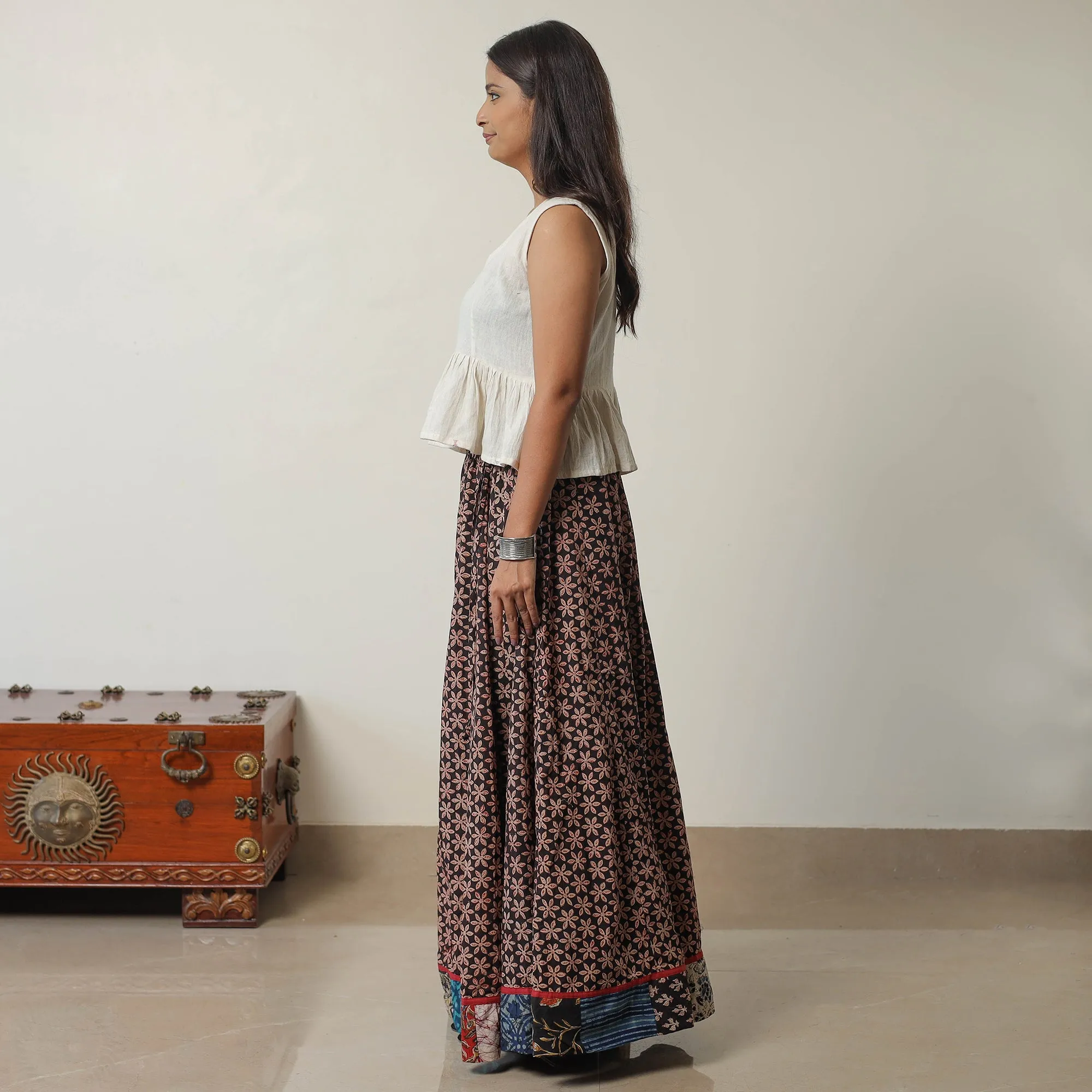 Multicolor - Bagru Block Printed 24 Kali Patchwork Cotton Long Skirt 24