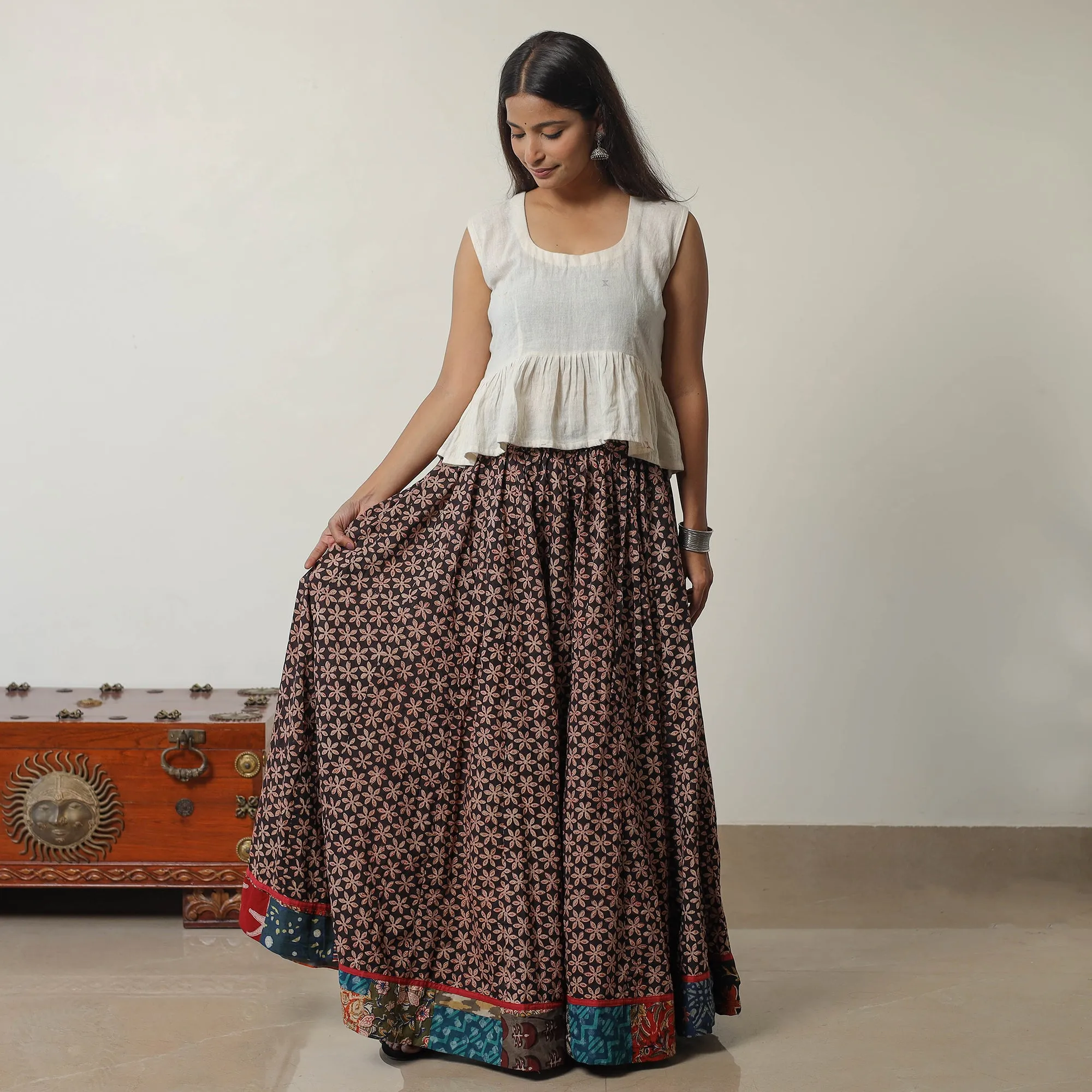 Multicolor - Bagru Block Printed 24 Kali Patchwork Cotton Long Skirt 24