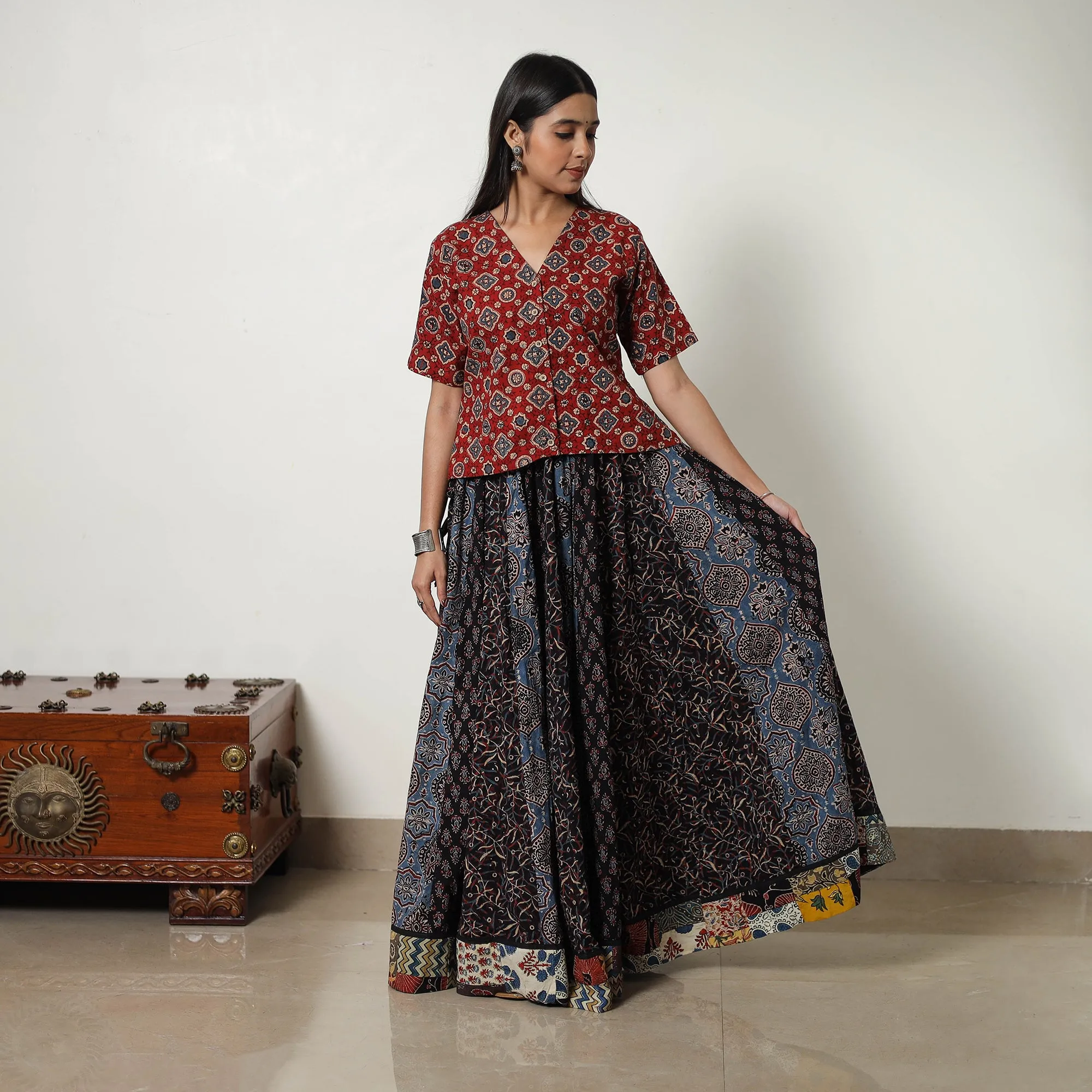 Multicolor - Block Print Cotton 24 Kali Patchwork Ajrakh Long Skirt 07