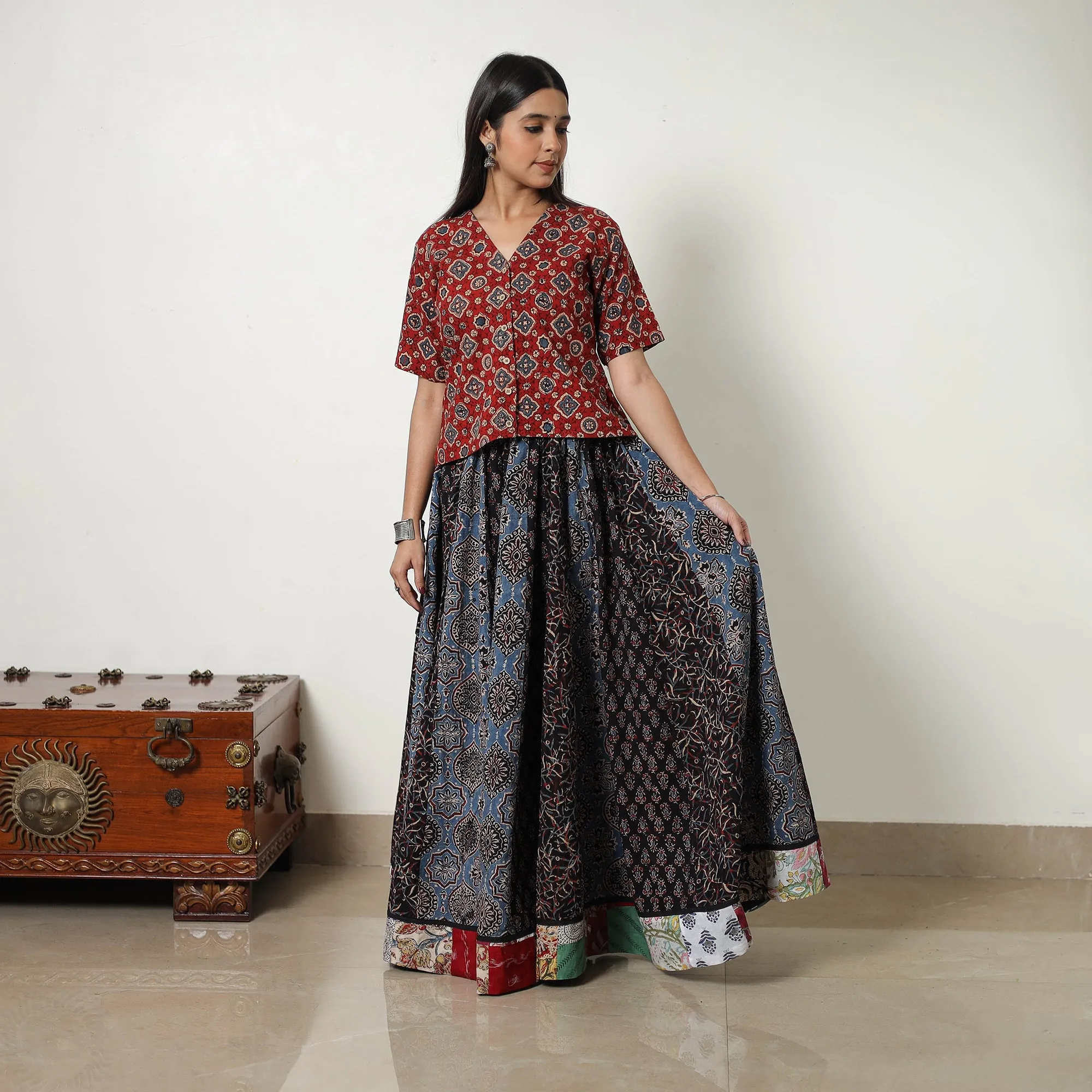 Multicolor - Block Print Cotton 24 Kali Patchwork Ajrakh Long Skirt 19