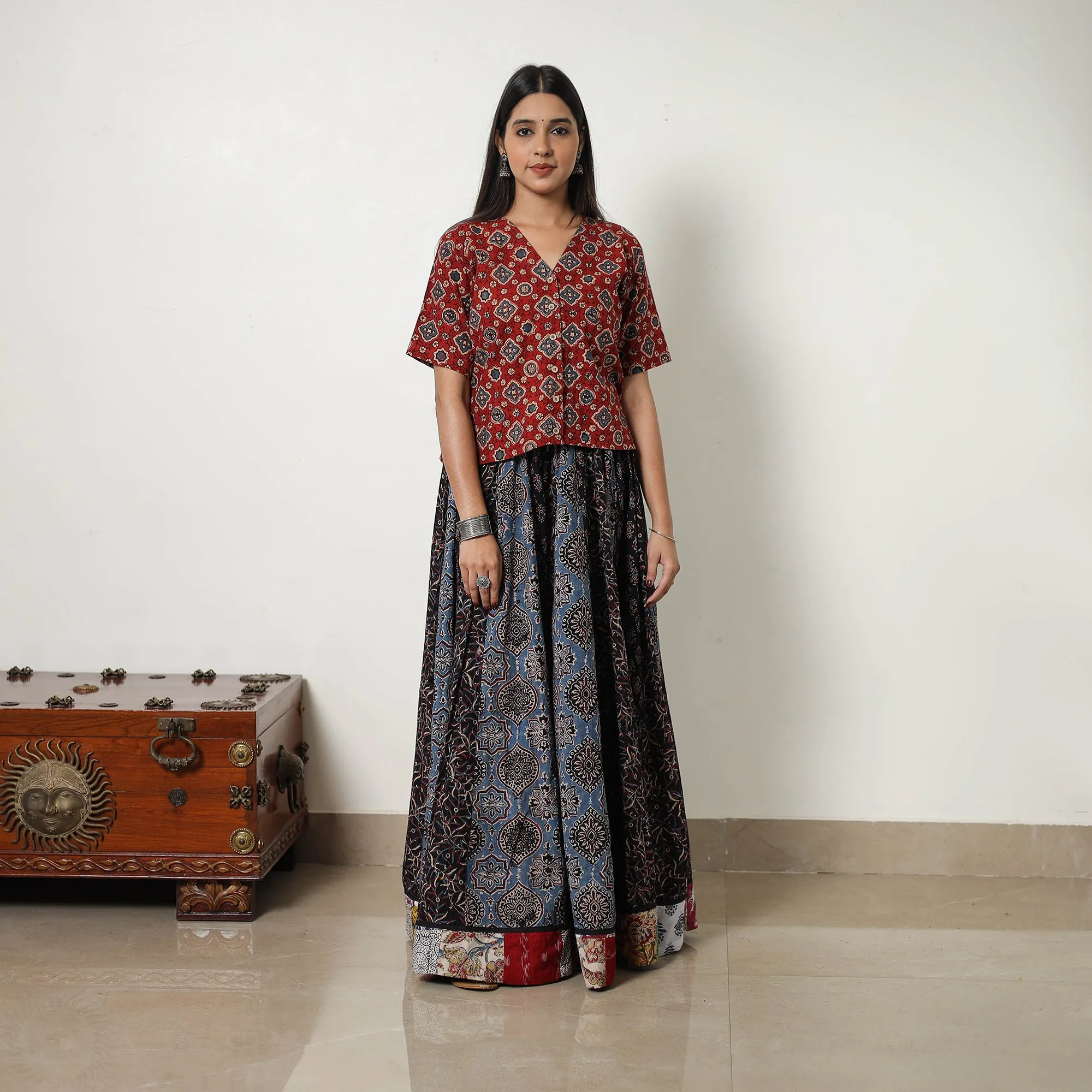 Multicolor - Block Print Cotton 24 Kali Patchwork Ajrakh Long Skirt 19