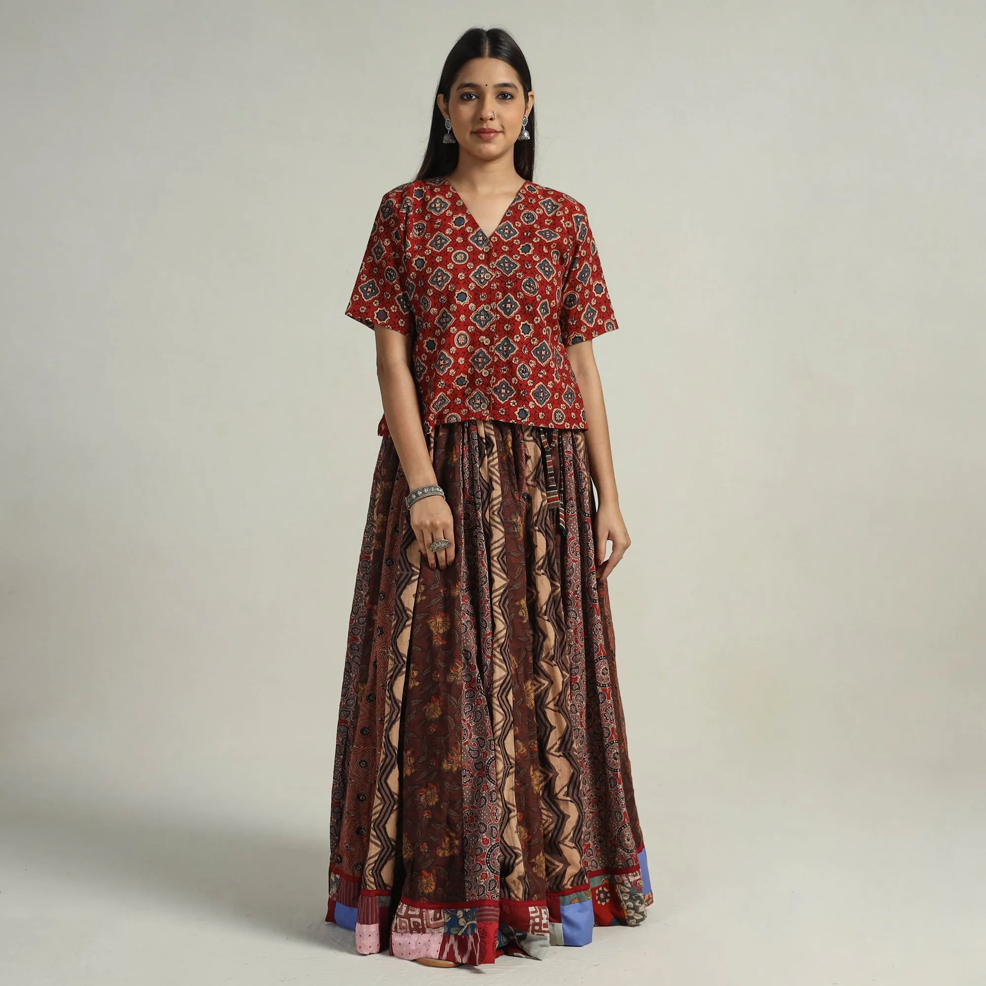 Multicolor - Kutch Block Printed 24 Kali Cotton Long Skirt 08